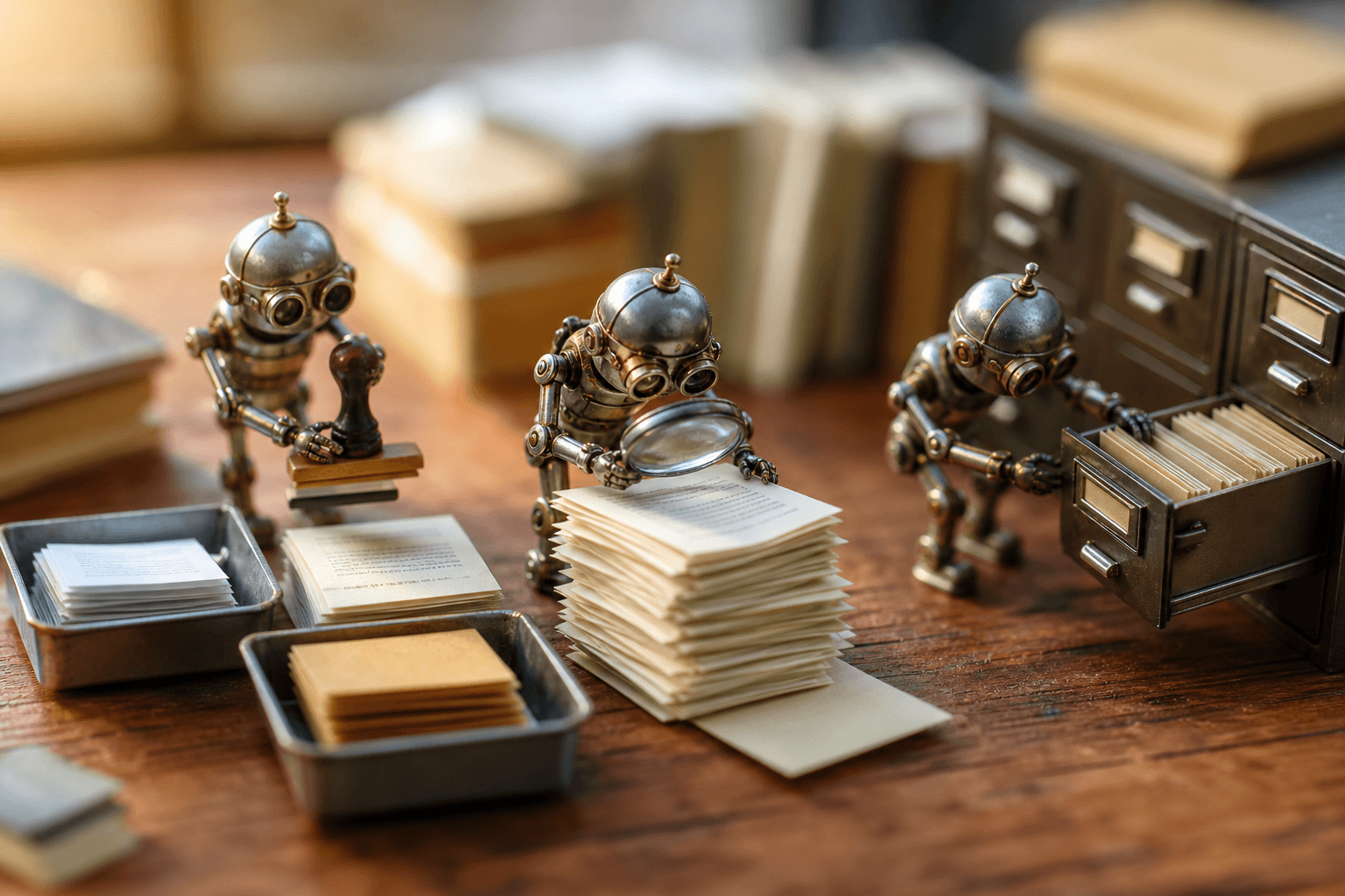 Tiny inspector robots examining a stack of paper documents with magnifying glasses and a stamp on a desk.