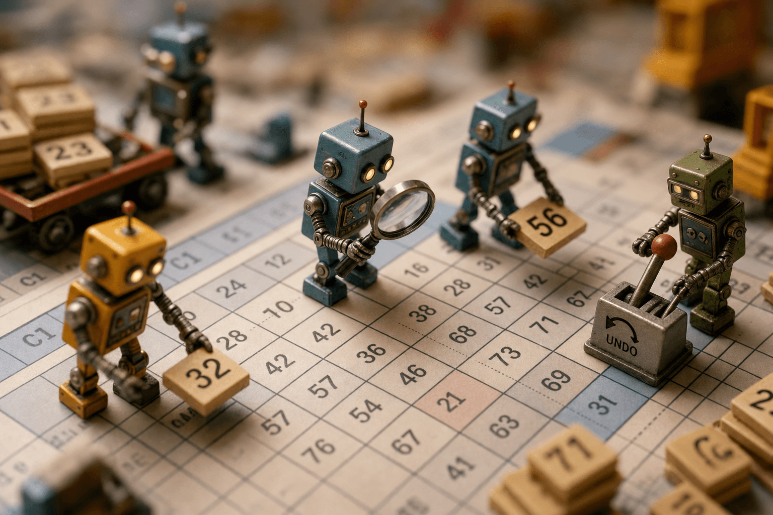 Tiny robots placing numbered tiles into cells of a giant paper spreadsheet grid, one inspecting with a magnifier.
