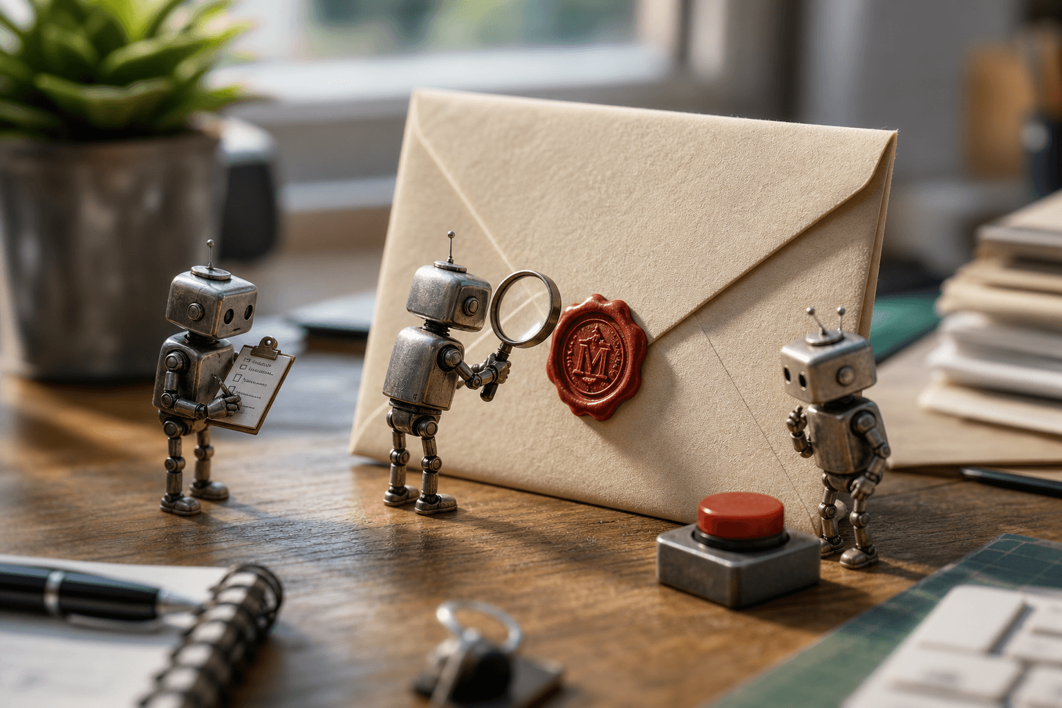 Three tiny metal robots inspecting a huge sealed envelope on a desk near a large red button.