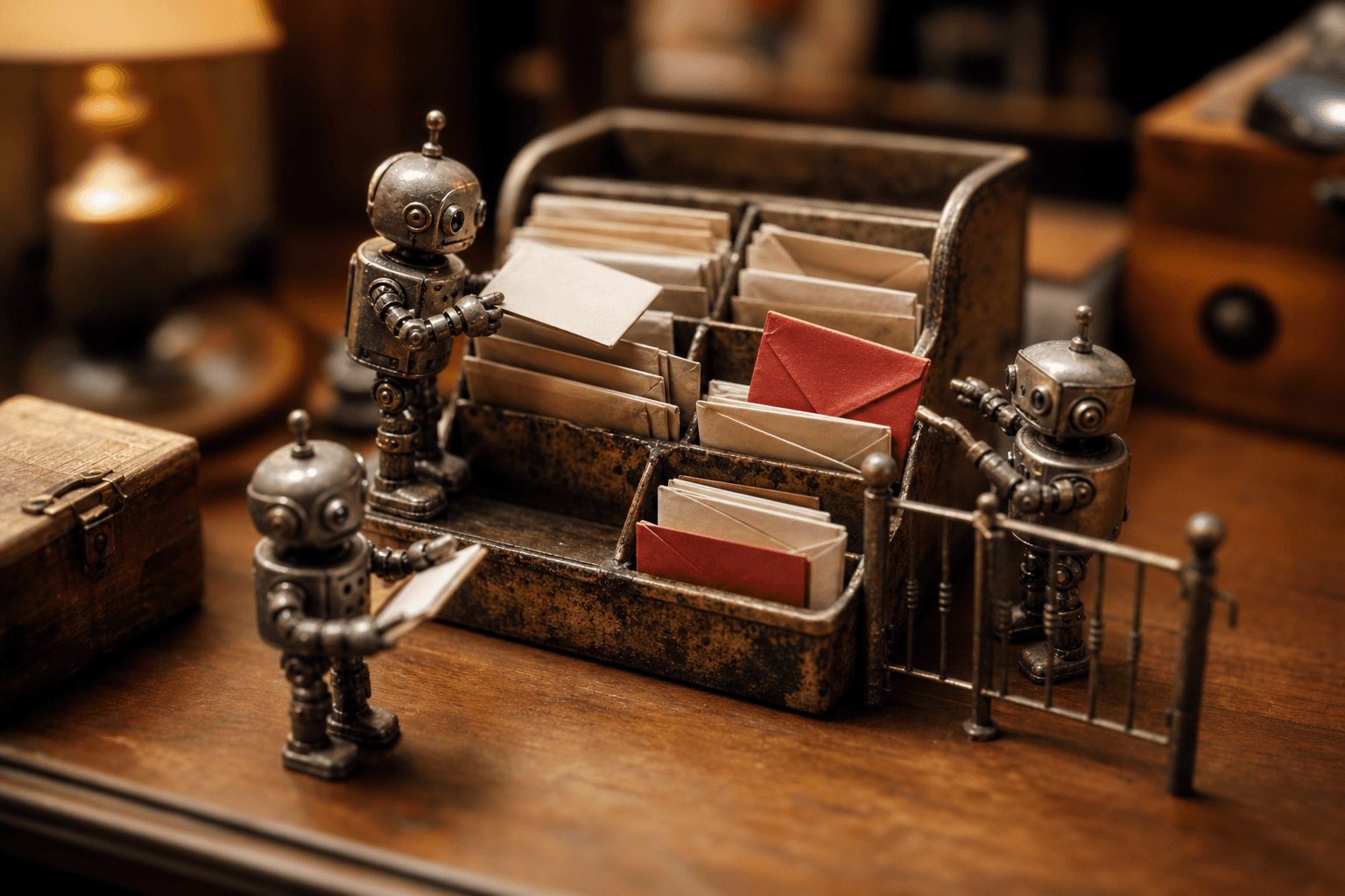 Three tiny robots sorting paper letters in a vintage inbox tray, one paused at a small gate before a red envelope.