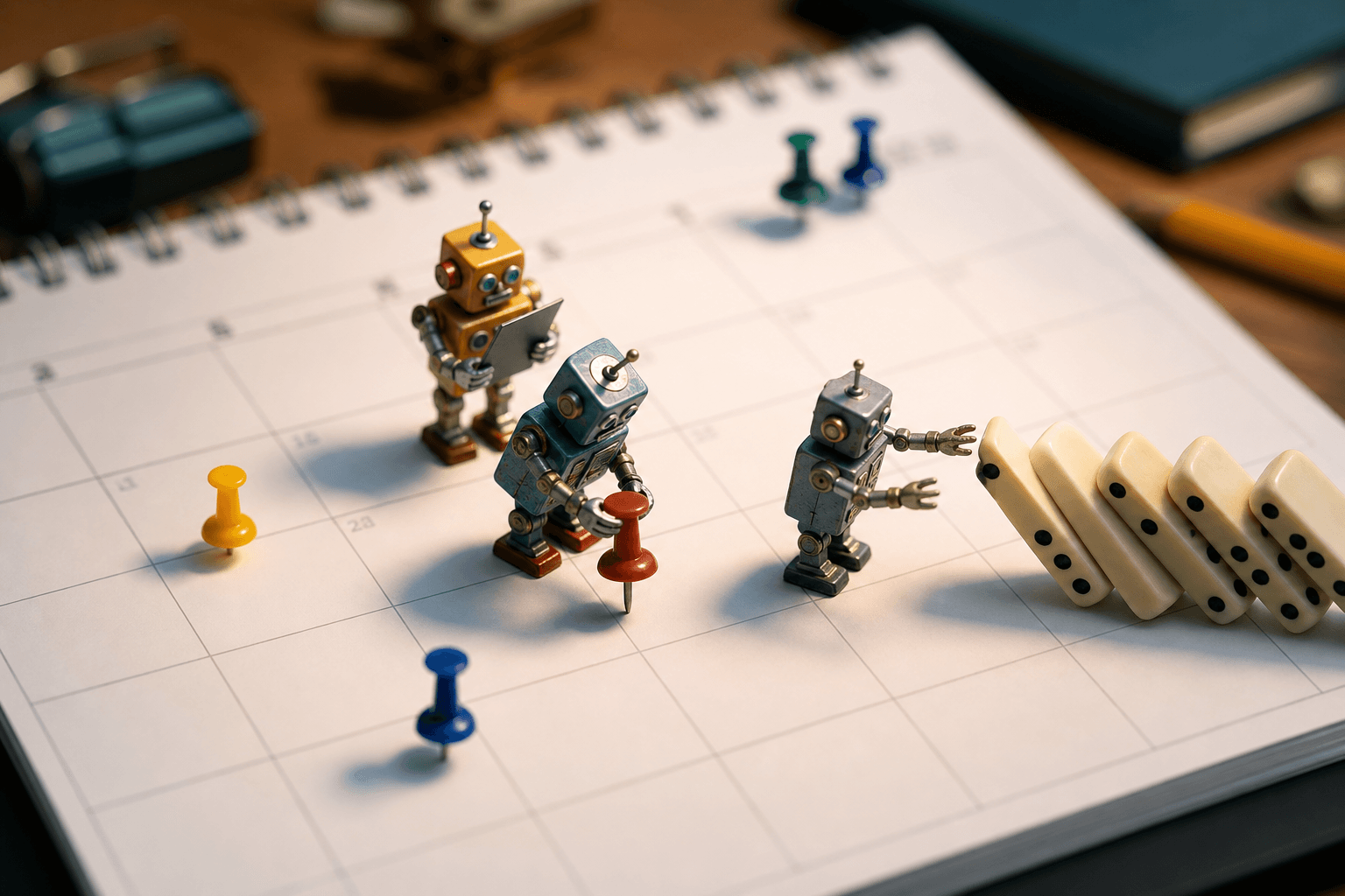 Tiny toy robots on a large paper calendar, one pinning a date, another cautiously touching a tipping domino