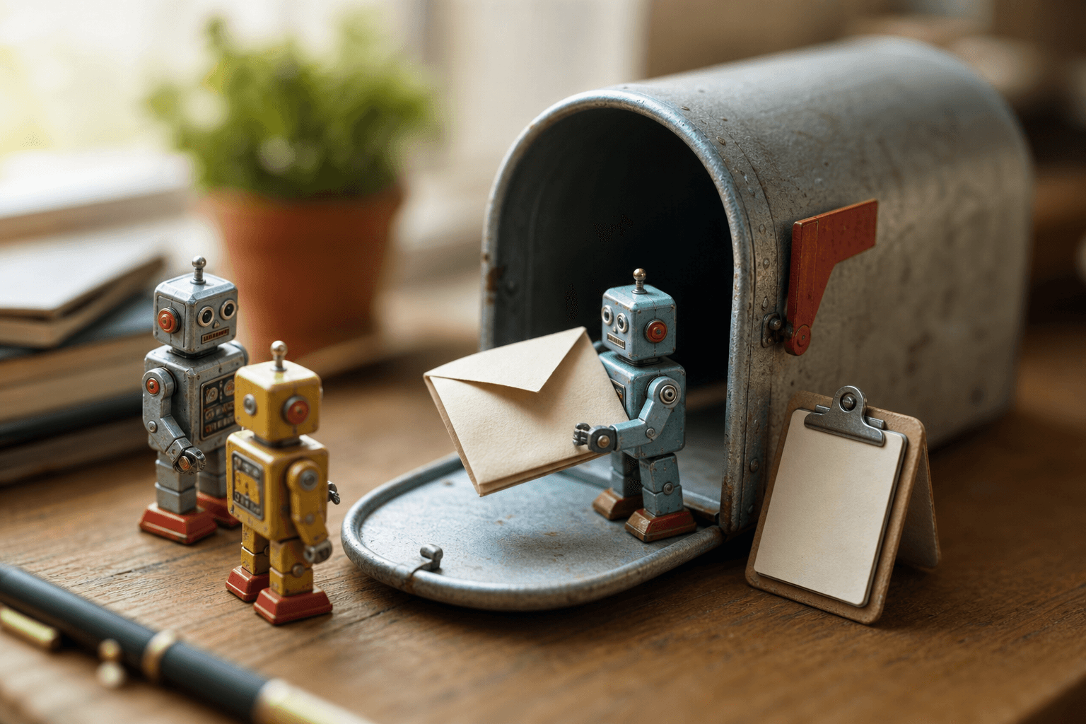 Tiny tin robots on a desk inspecting paper letters beside an oversized open metal mailbox in warm light