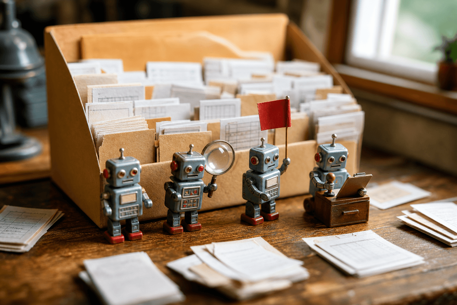 Tiny tin robots inspecting miniature letters and spreadsheets on a desk with magnifier, flag, and clipboard.
