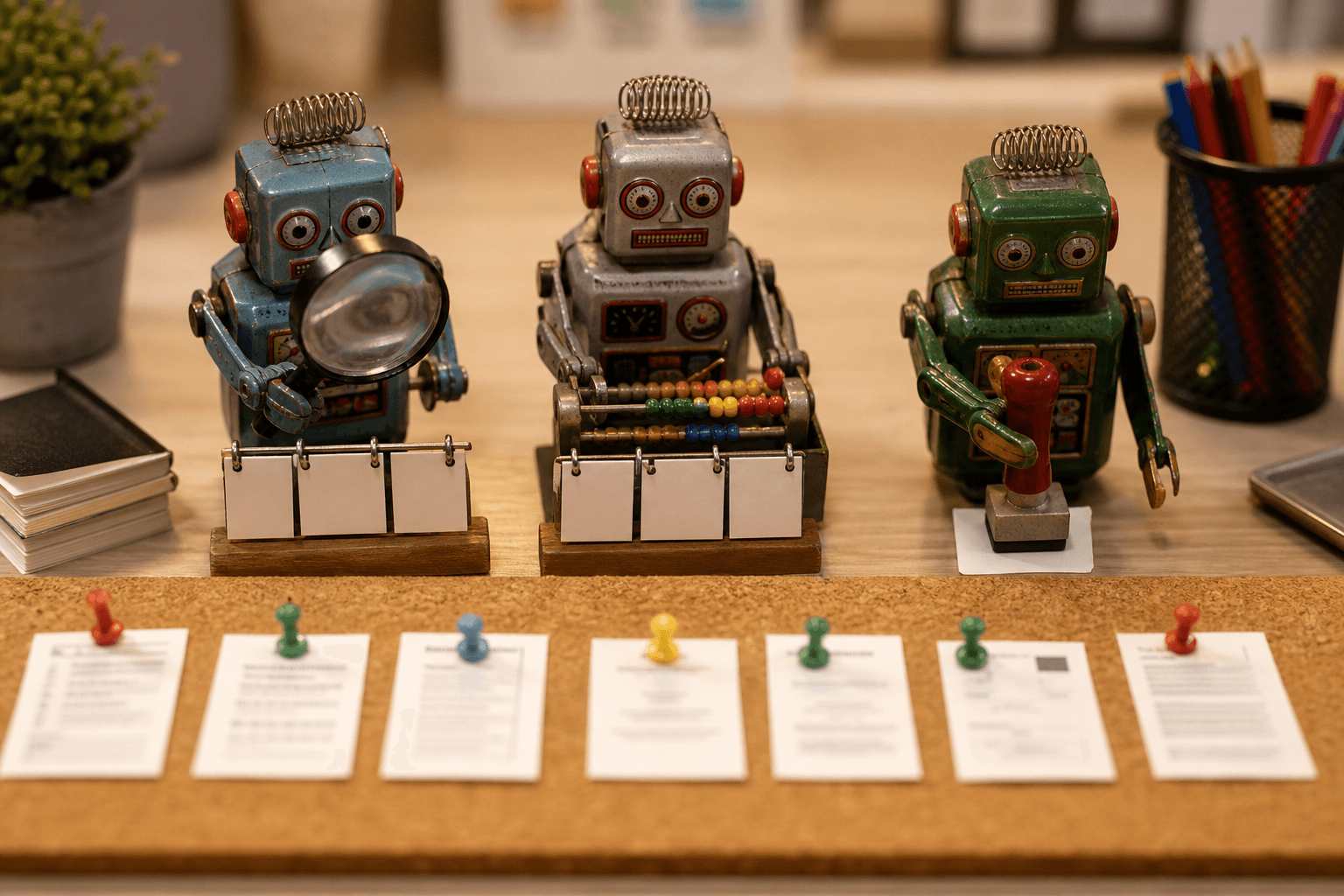 Three tiny tin robots acting as judges with blank scorecards, inspecting miniature documents on a desk.