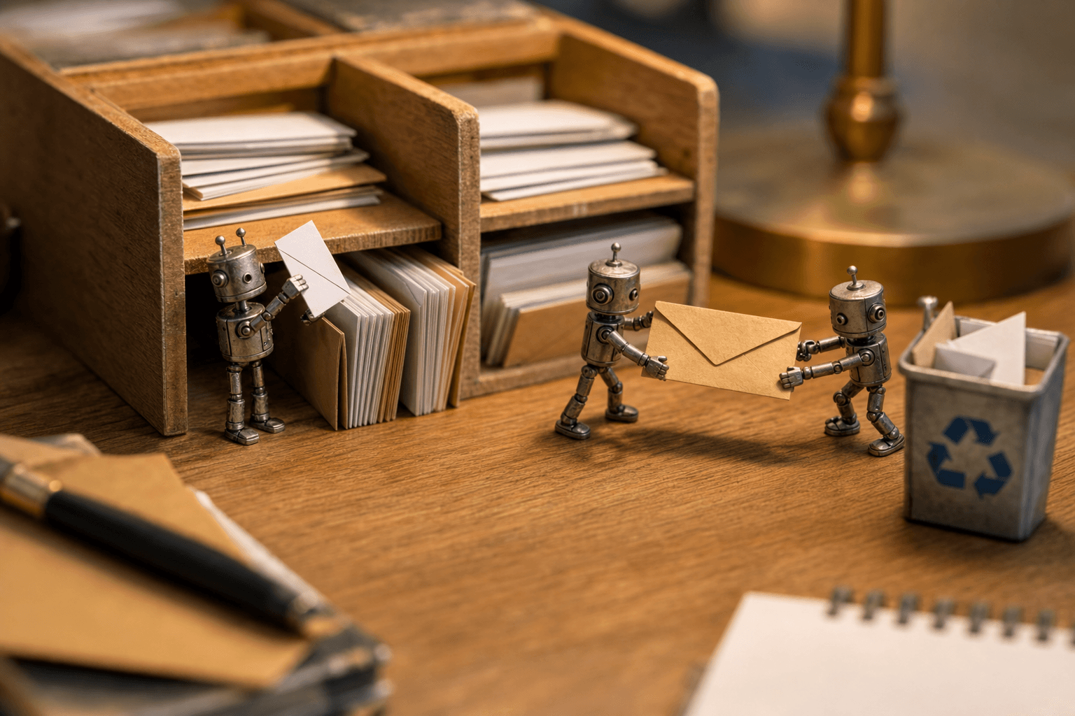Tiny metal robots on a desk sorting paper envelopes into trays, one tugging an envelope back from a bin.
