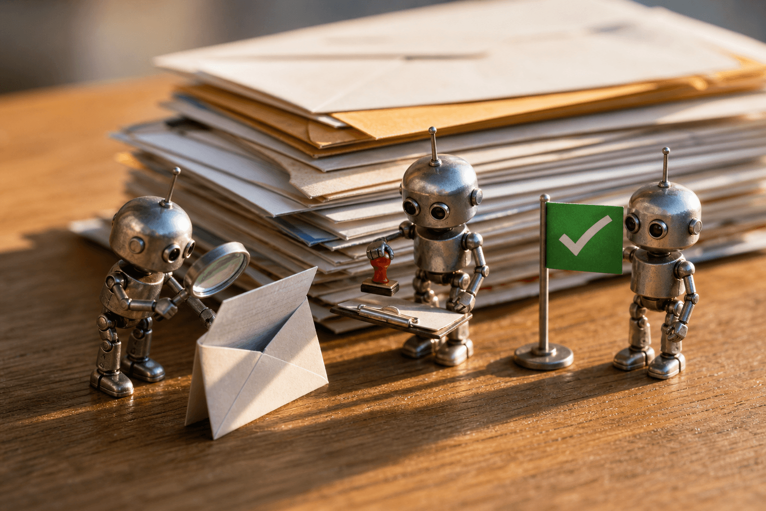 Three tiny metal robots inspecting paper envelopes on a desk with a magnifying glass, stamp, and checkmark flag.