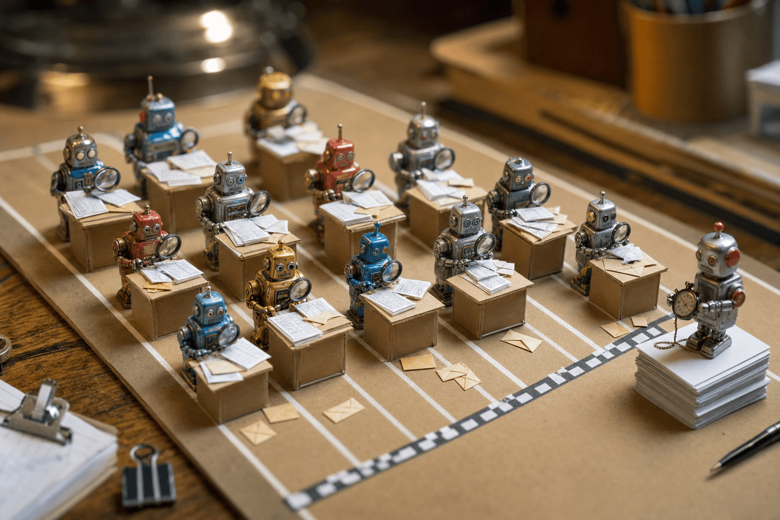 Tiny tin robots at miniature podiums inspecting small documents, envelopes, and a printed spreadsheet on a desk.