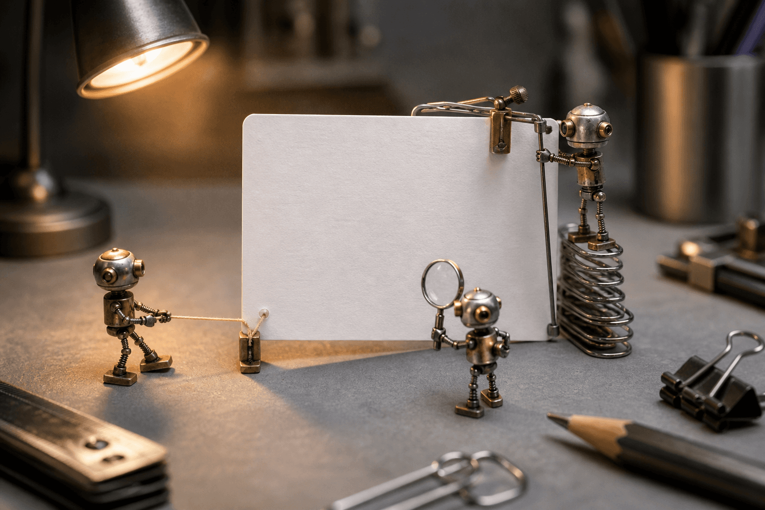 Three tiny brass robots on a desk stress-testing a blank propped index card with thread, clamp, and magnifier