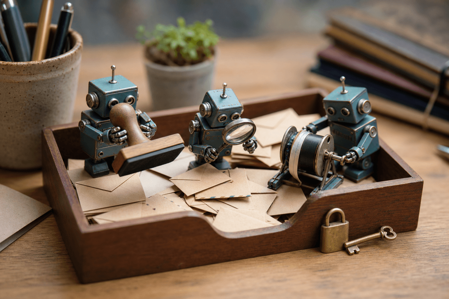 Three tiny robots on a desk sorting paper envelopes in a mailbox tray, one stamping, one inspecting, one rewinding tape.