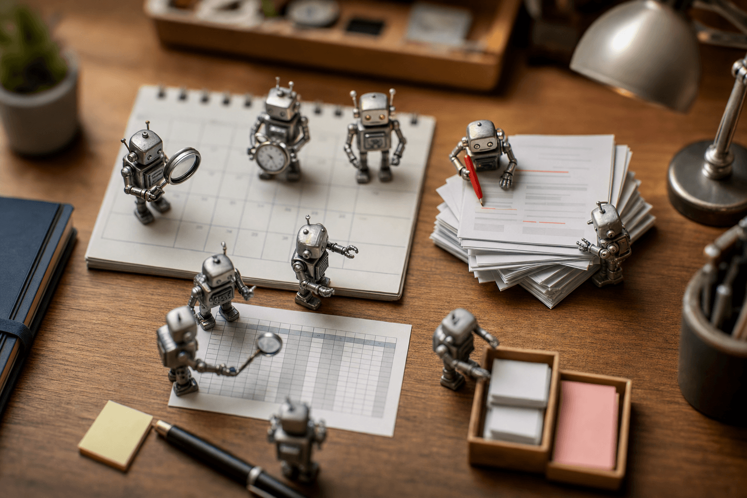 Tiny metal robots with stopwatches and magnifying glasses auditing papers and a calendar on a wooden desk