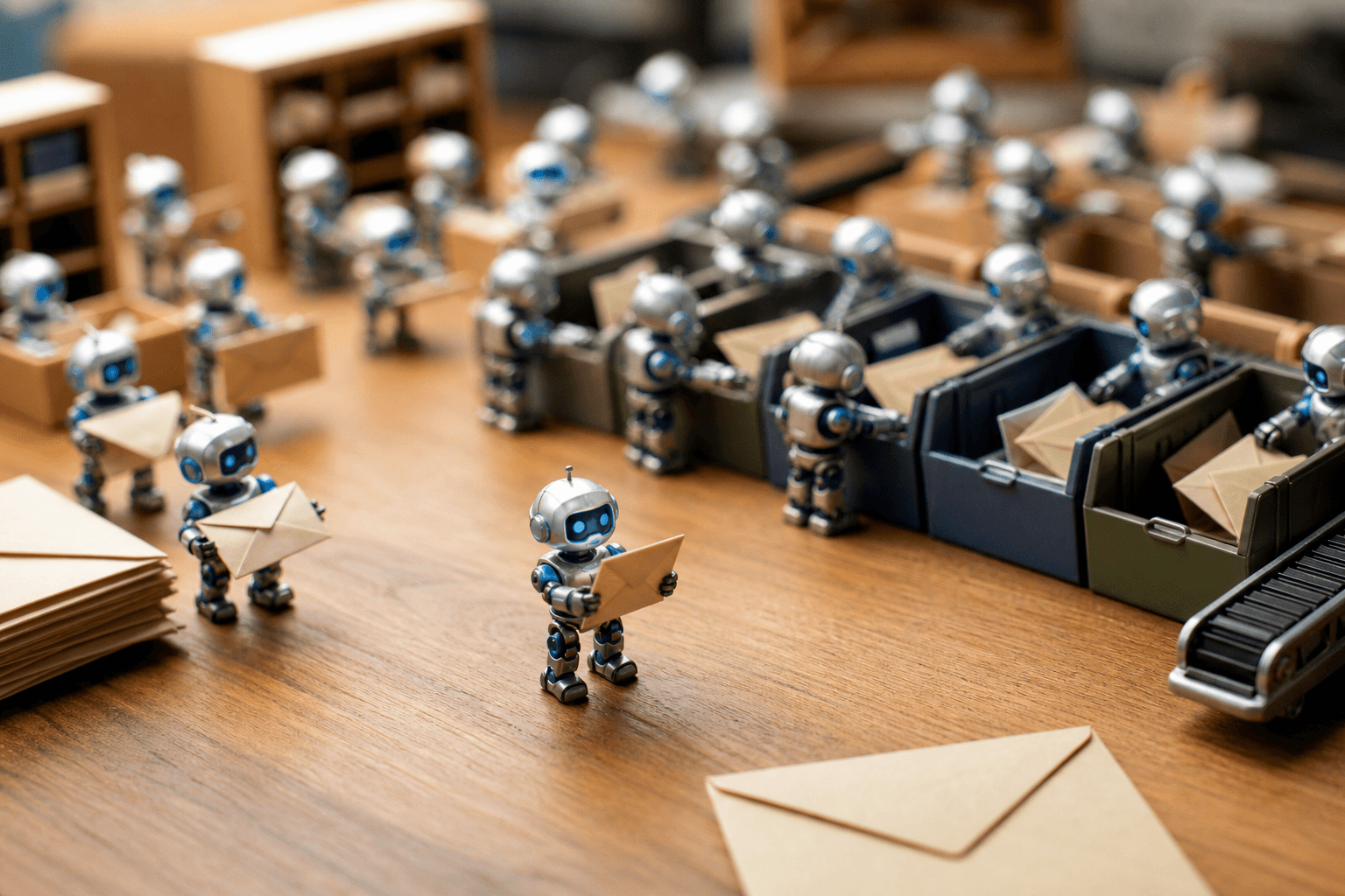 Tiny silver-and-blue robots sorting small paper envelopes into colored bins on a wooden desk in warm light.