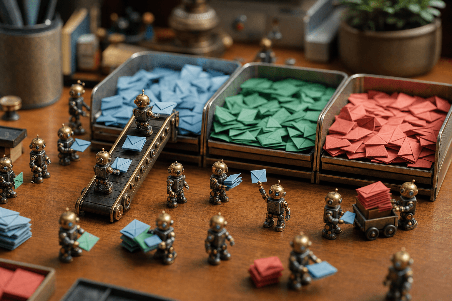Tiny brass robots sorting folded paper envelopes into colored trays on a wooden desk, one robot raising an envelope.