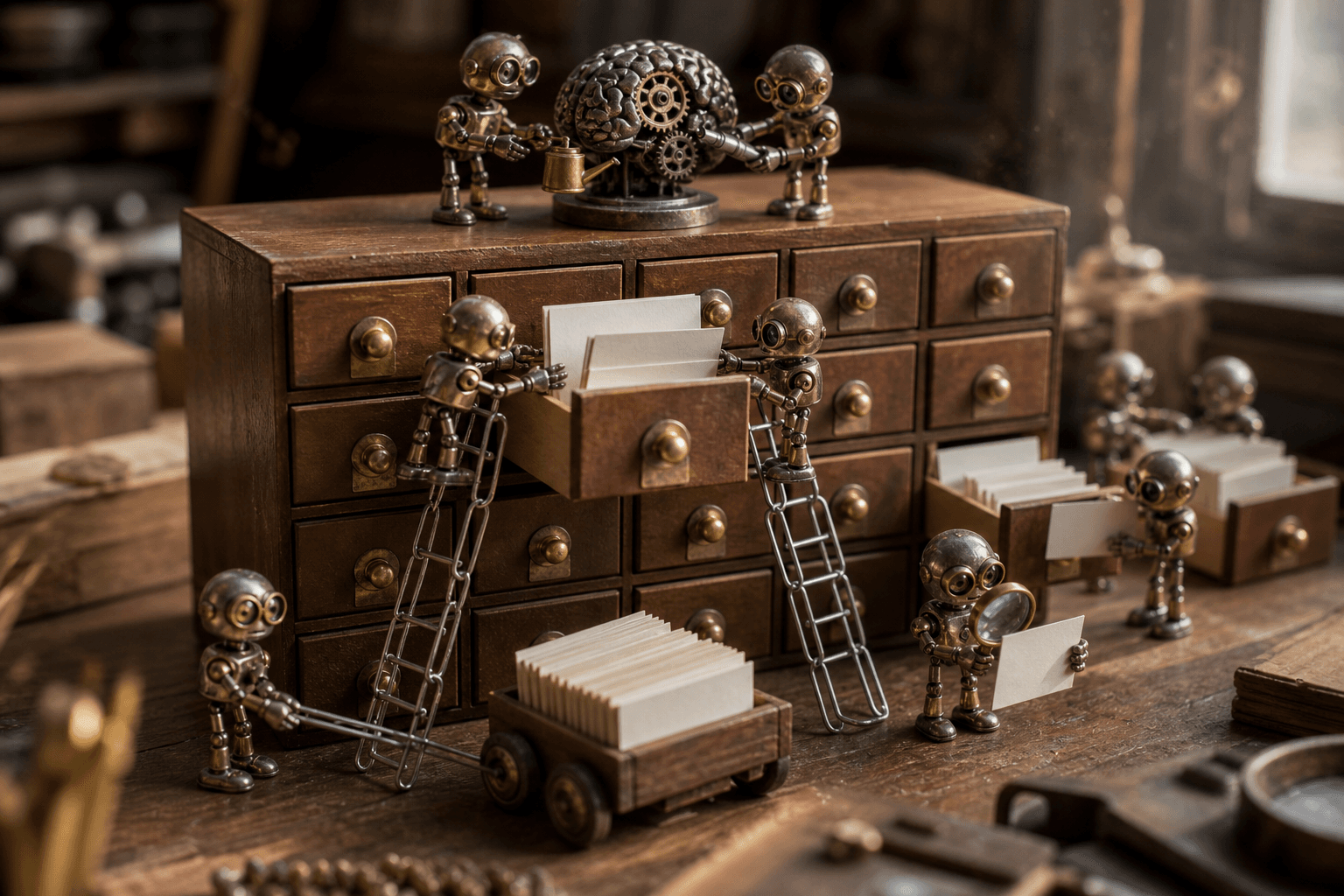 Tiny brass robots filing blank index cards into an open wooden card catalog beside a small gear-brain sculpture