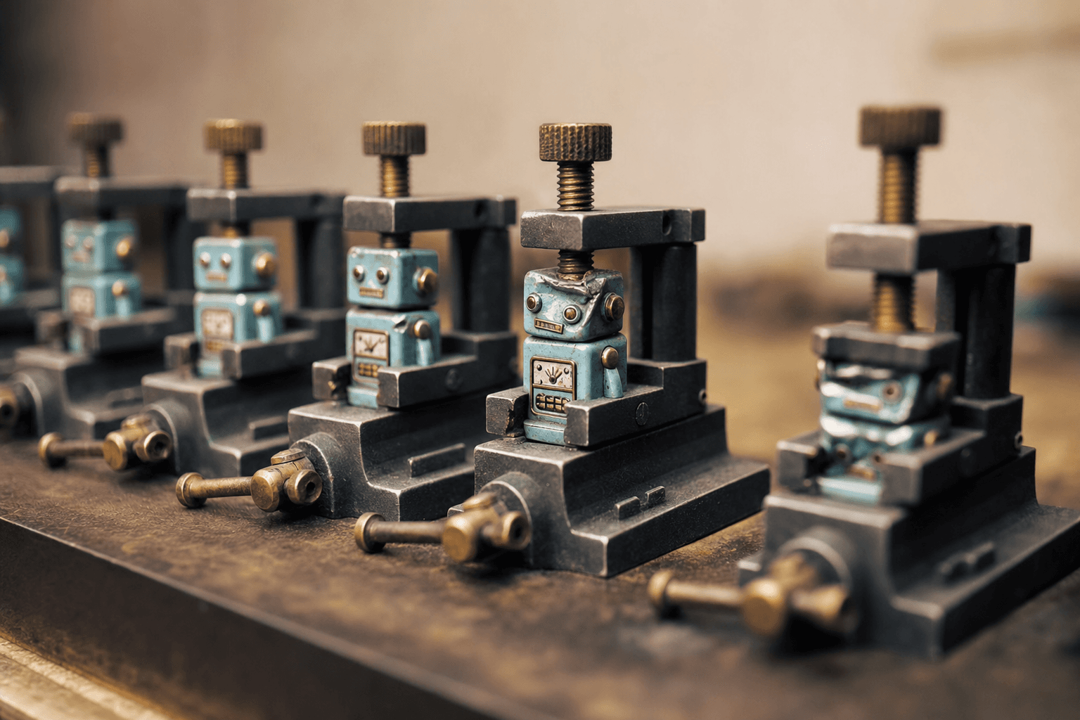 A row of tiny toy robots on a workbench, each clamped in small vises and progressively compressed smaller.
