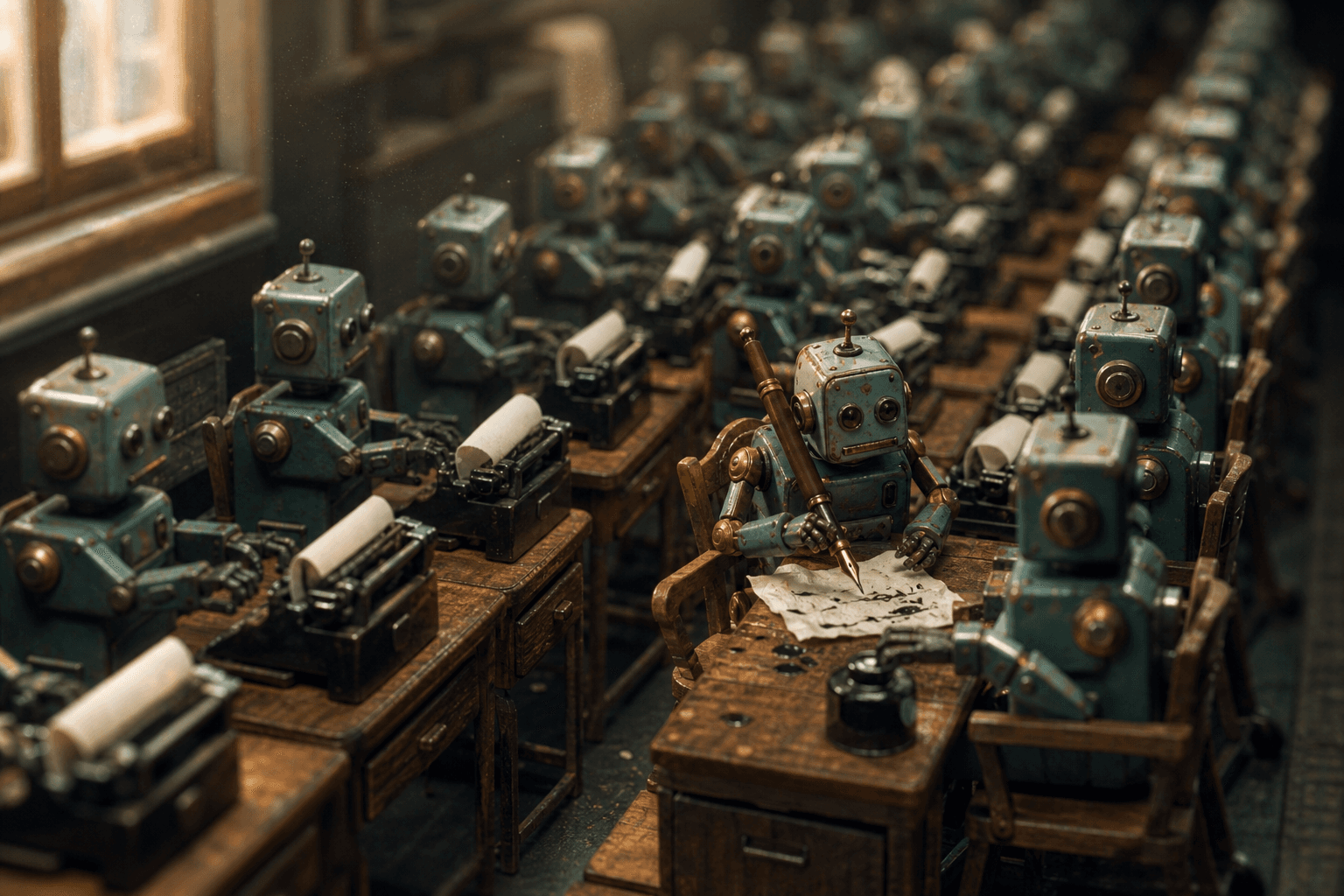 Rows of identical tiny tin robots typing in unison while one different robot turns away to write by hand with a pen