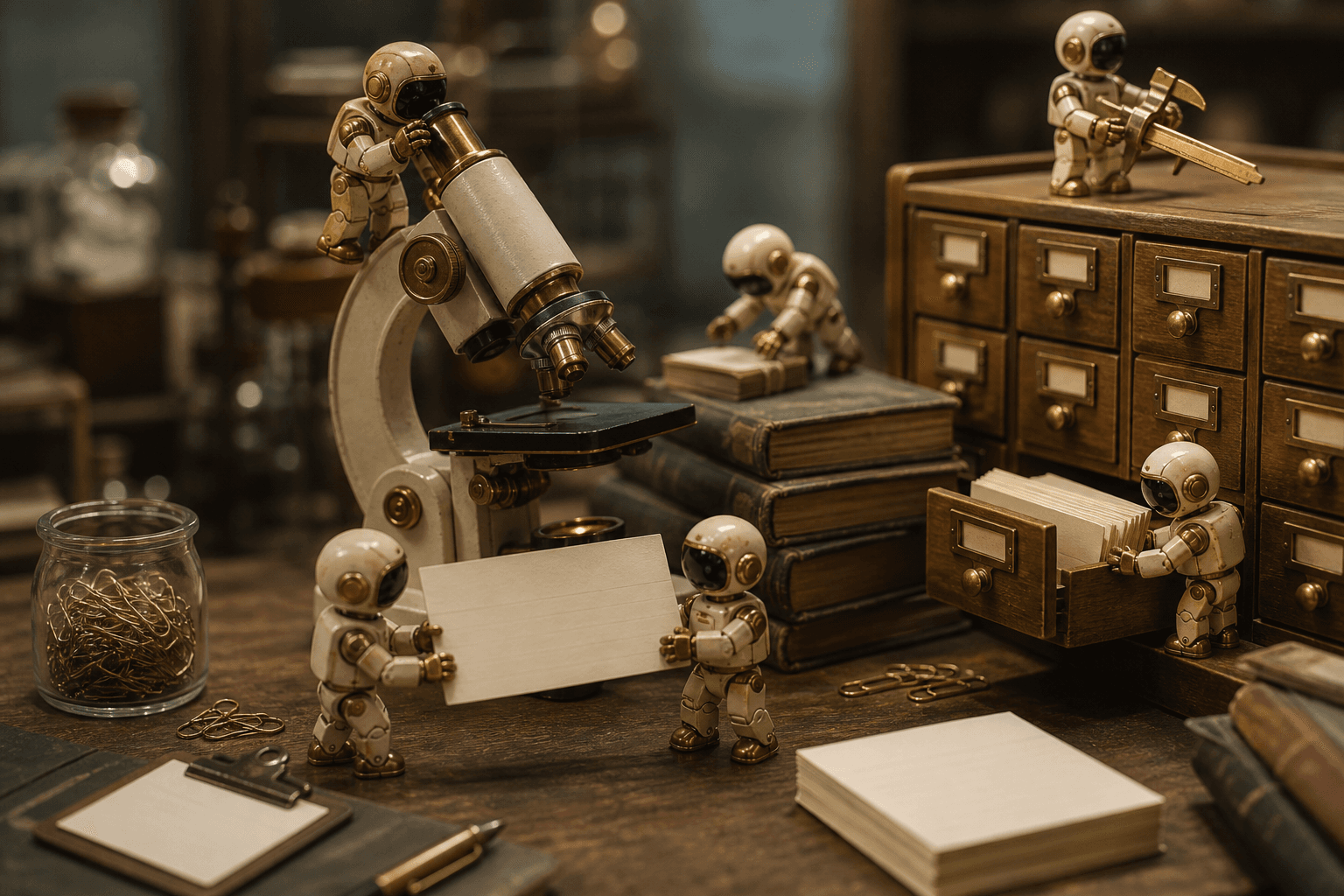 Tiny brass robots on a lab bench operating an antique microscope and filing blank index cards into a wooden catalog