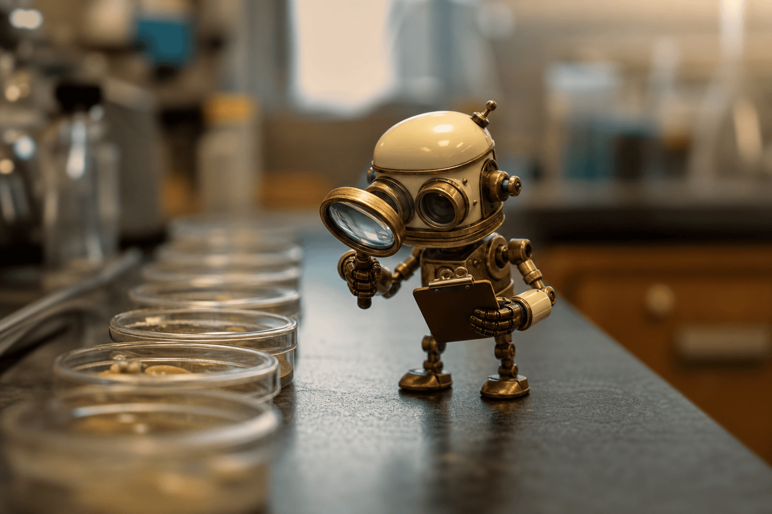 A tiny robot on a lab bench inspecting petri dishes through a magnifying glass while holding a small clipboard