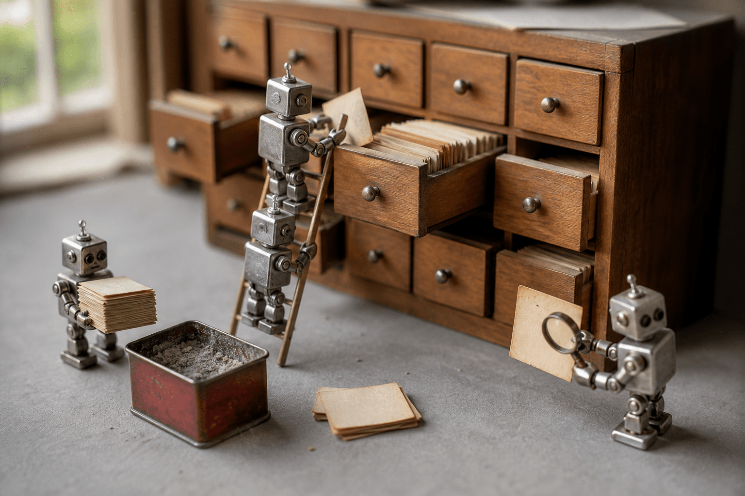 Tiny metal robots filing blank index cards into a miniature card catalogue and discarding old ones