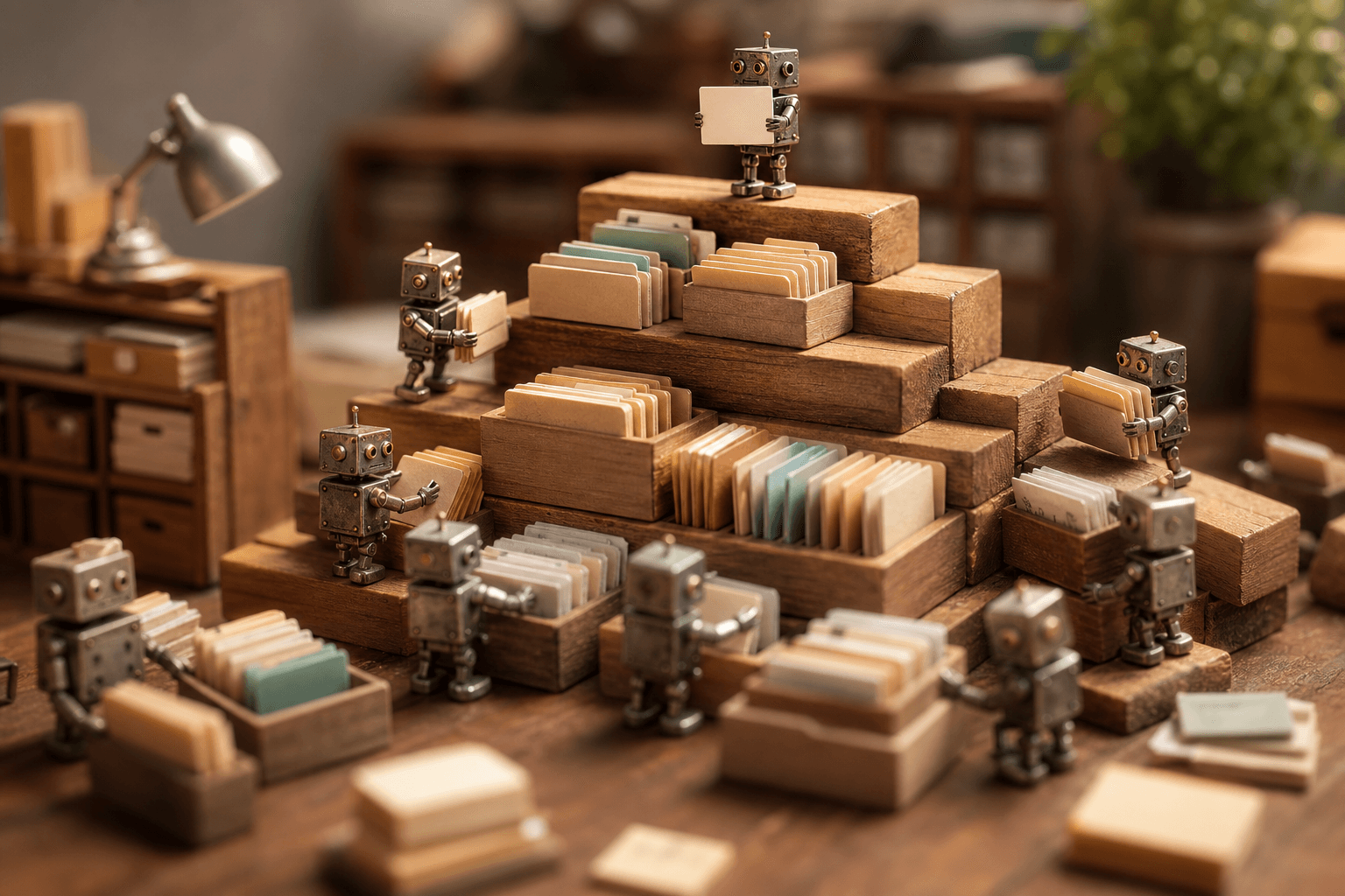 Tiny robots sorting folders and papers onto a tiered shelf in a miniature tabletop filing system