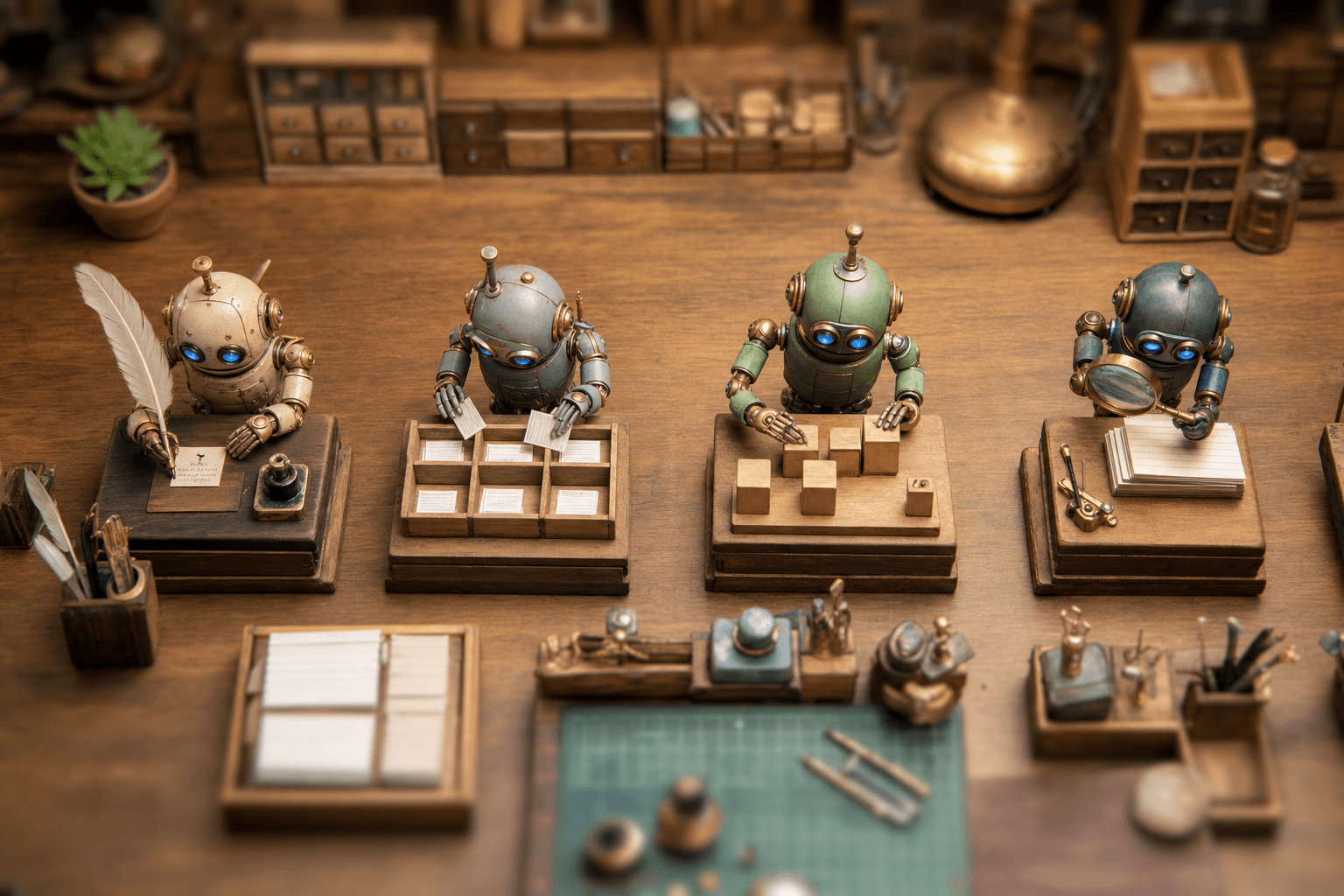 Tiny robots at separate workstations on a workbench, each doing a different task: writing, sorting, scheduling, searchin