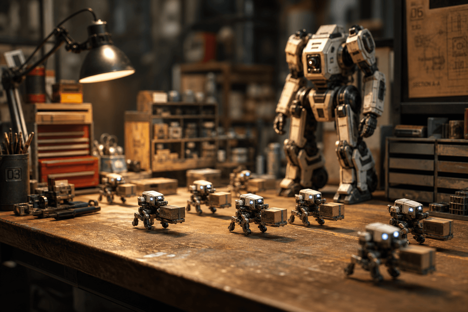 Many tiny fast robots carrying parcels on a workbench beside one large slow robot in the background.