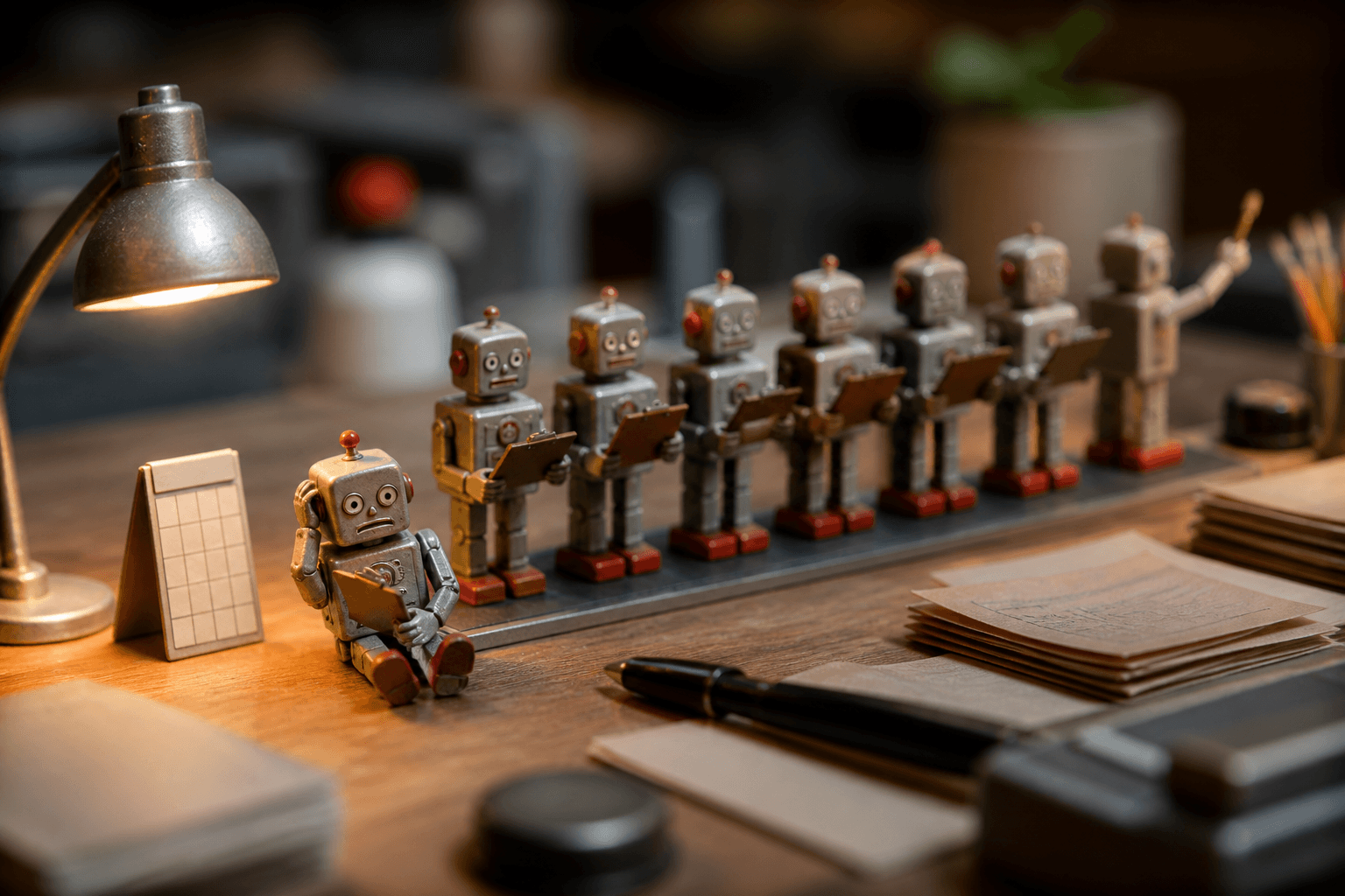 A tiny anxious tin robot on a desk beside a paper calendar, with a line of identical robots behind it and one breaking a