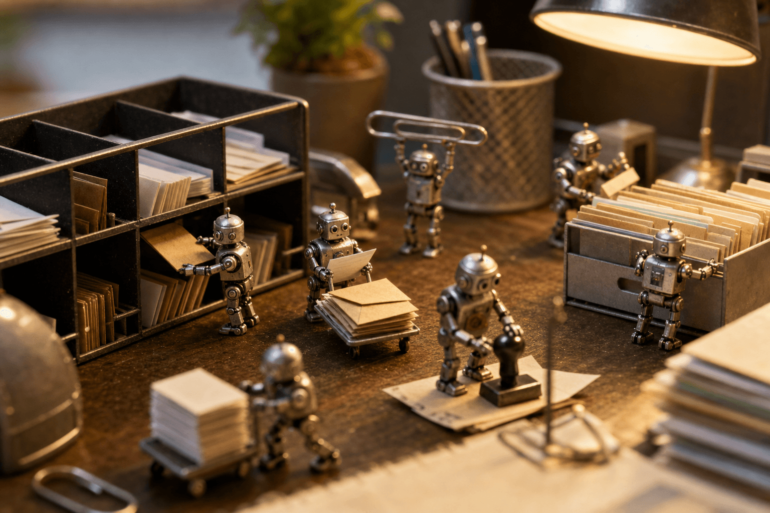 Tiny metal robots on a giant desk sorting envelopes, filing folders, and stamping documents under a warm lamp.