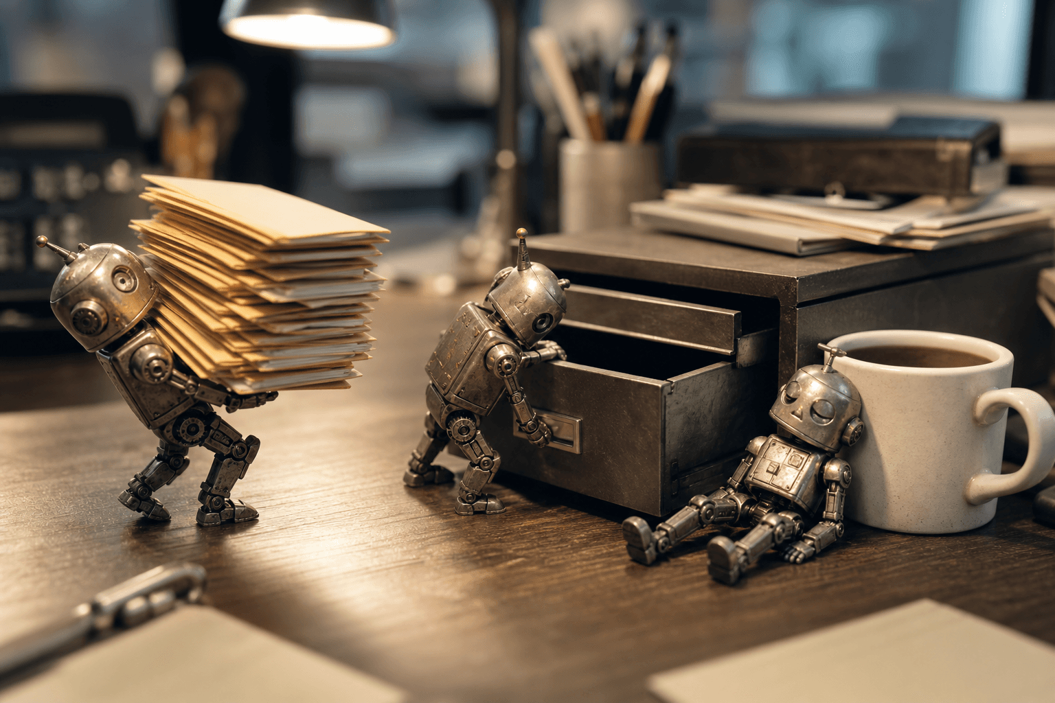 Three tiny robots on a desk: one hauling huge folders, one confused at a drawer, one asleep on a mug.