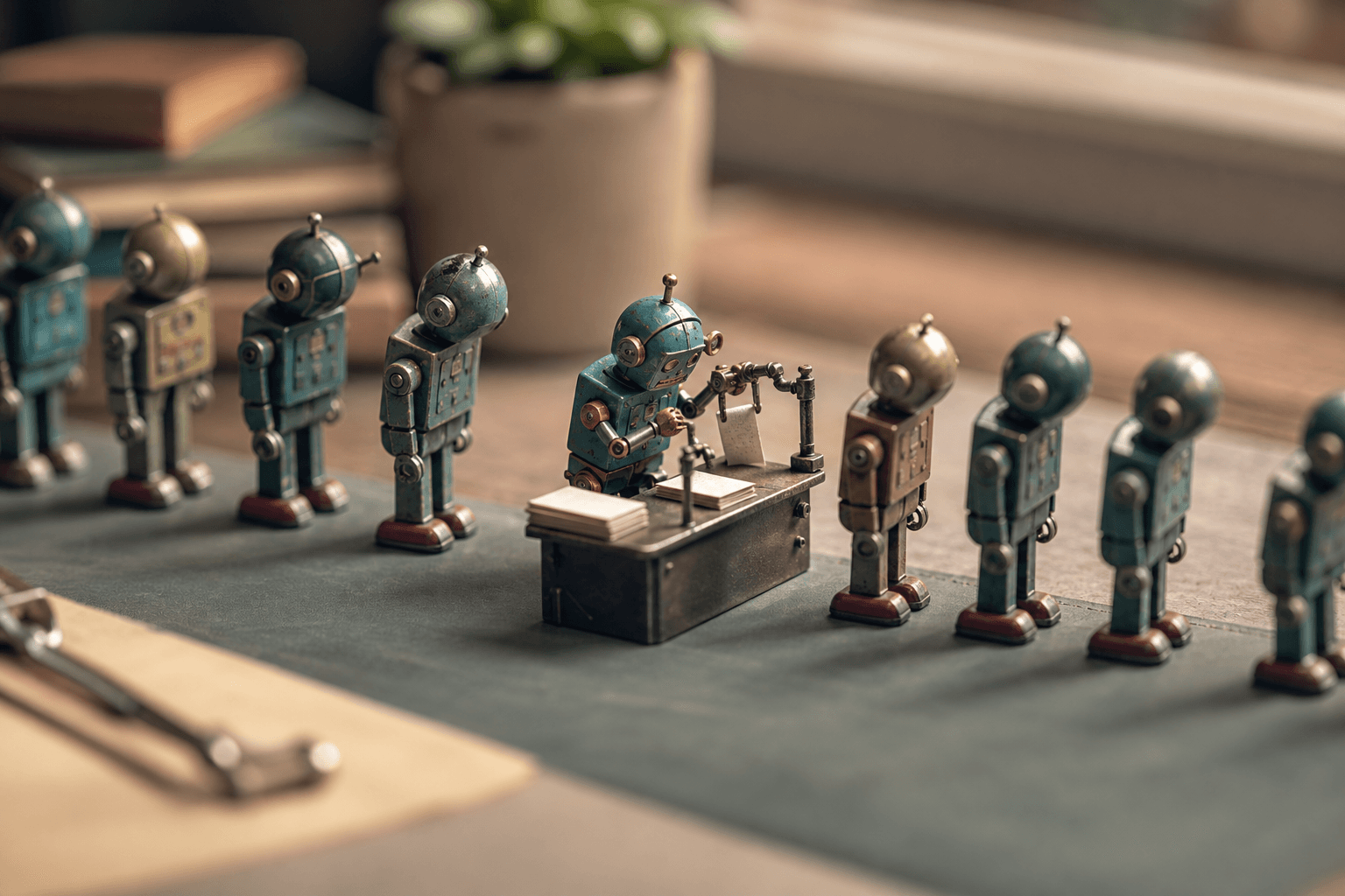 A row of tiny tin toy robots standing idle while one small robot in the center actively assembles a miniature paper docu