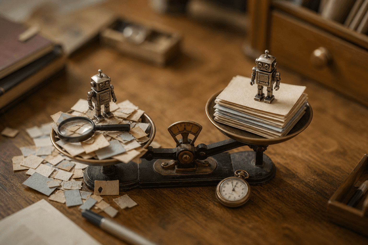 Two tiny robots on a balance scale beside a stopwatch, one buried in paper scraps and a magnifier, the other on neat doc