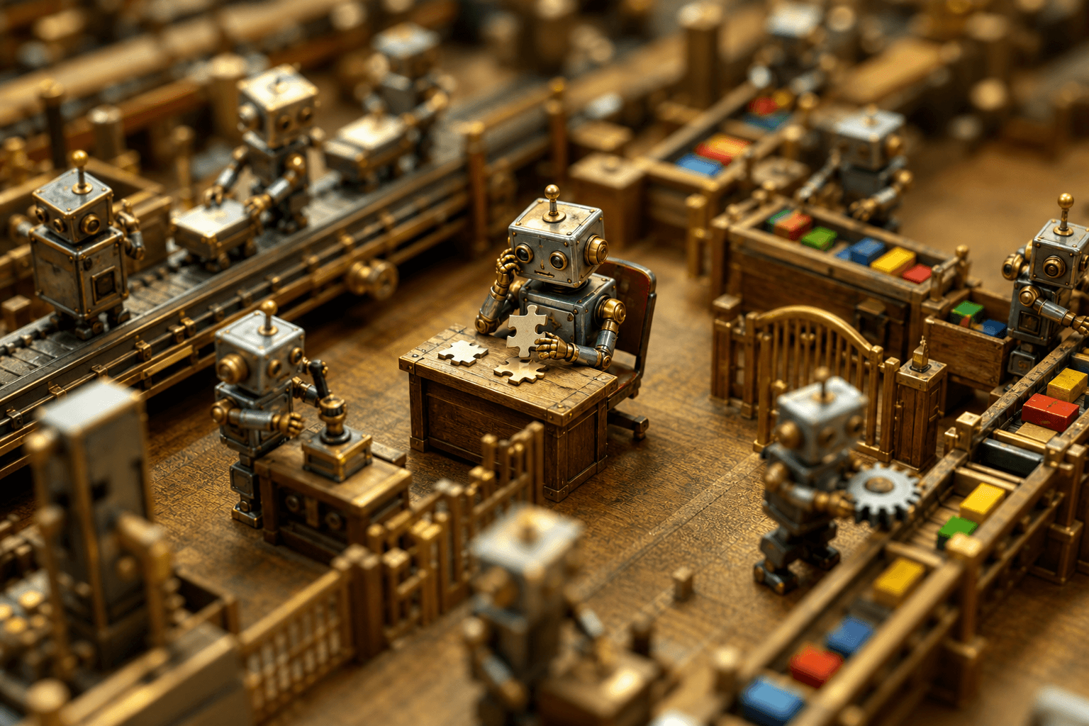 Tiny tin robots on a wooden assembly line, each doing one small task, with guard gates channeling the work.