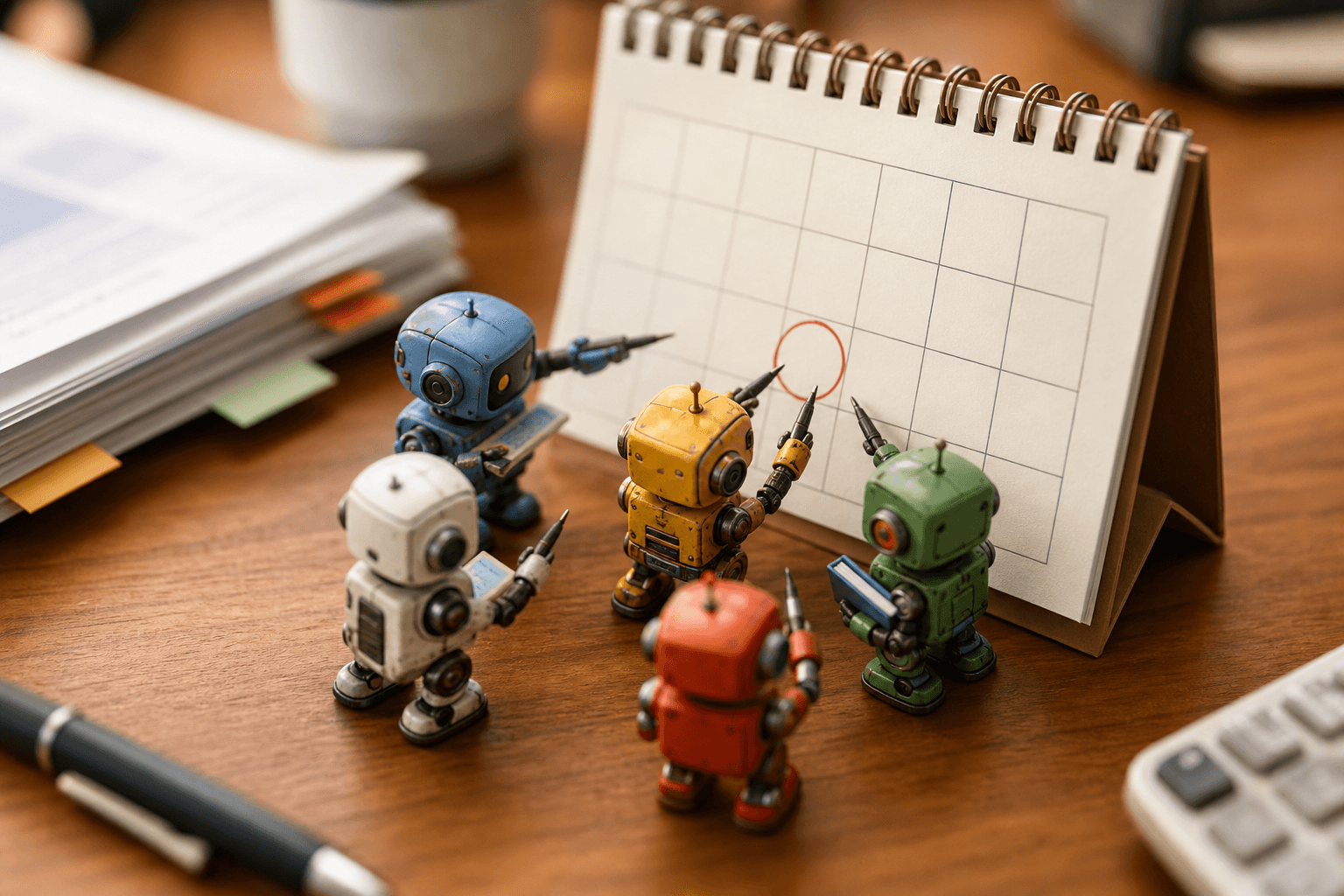 Tiny robots crowding around one wall calendar and paper documents on a desk, all reaching for the same day