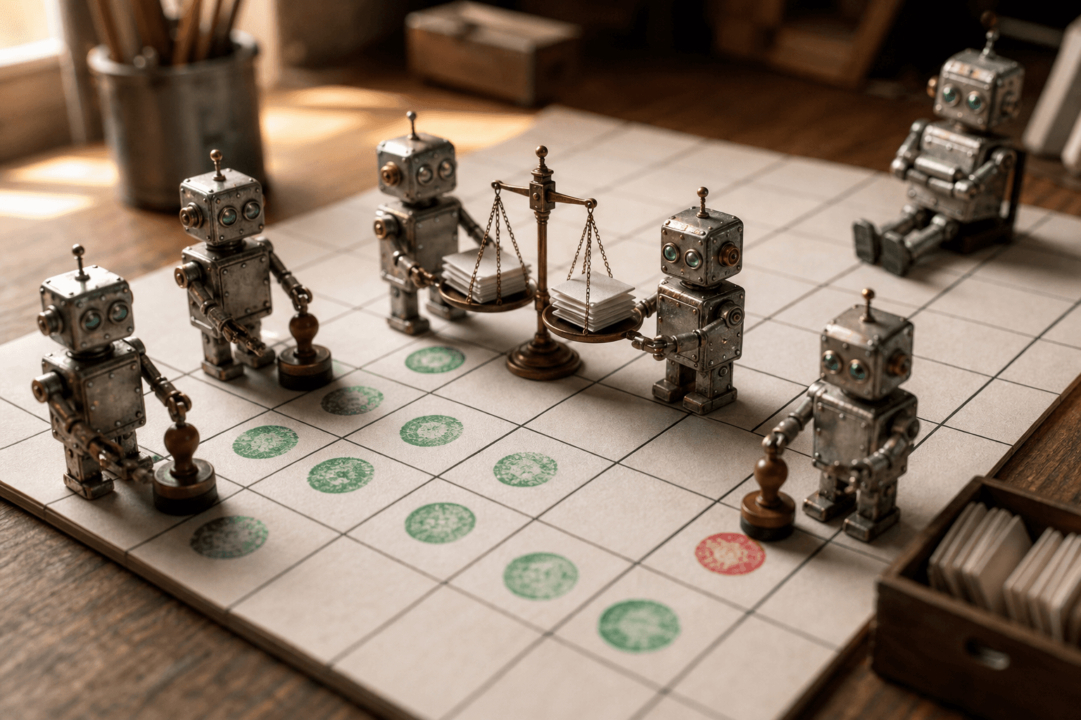 Tiny tin robots stamping cells on a large paper grid and weighing paper slips on a small brass balance scale.