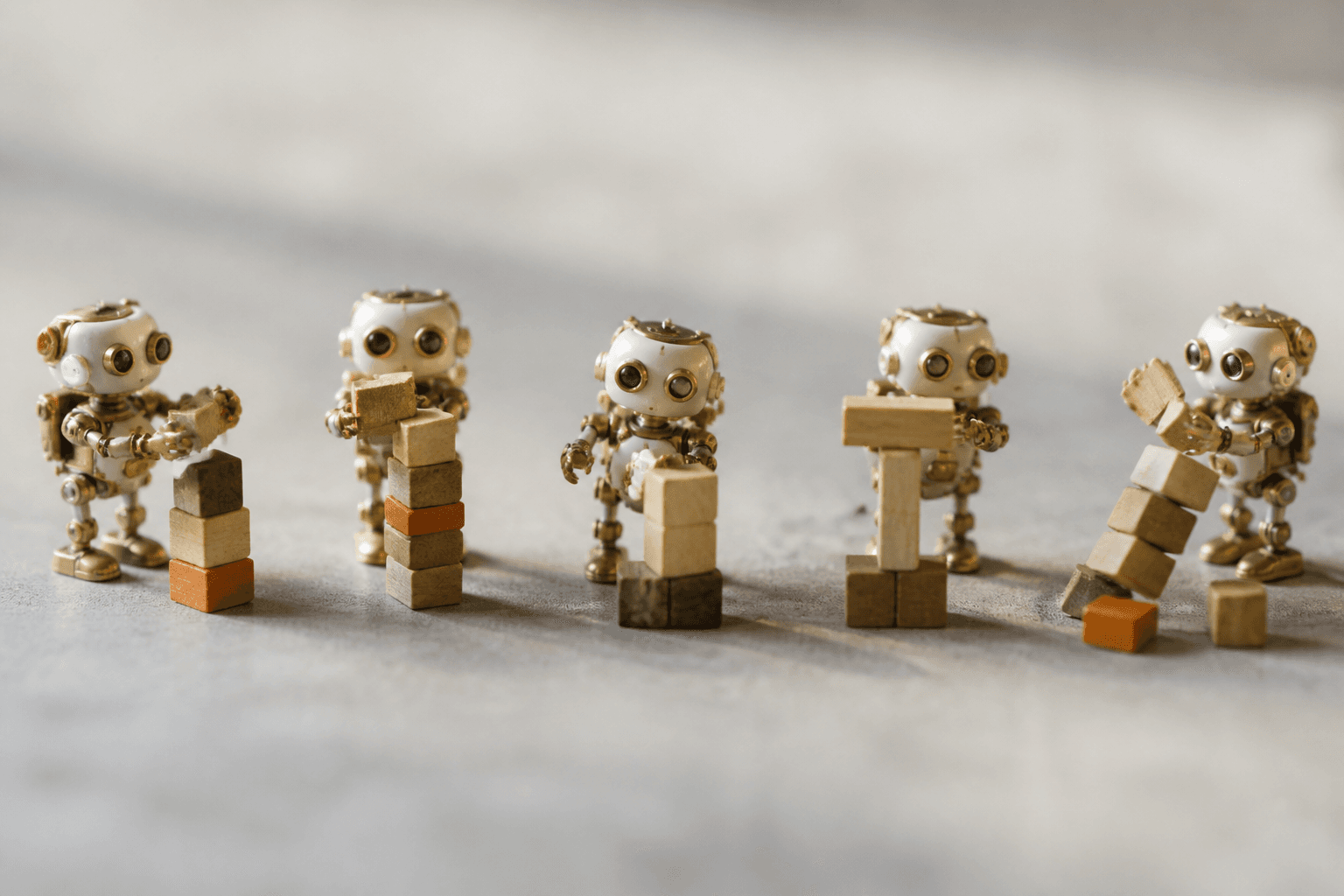 Five identical tiny brass robots each build a differently shaped wooden block tower on a grey studio surface.
