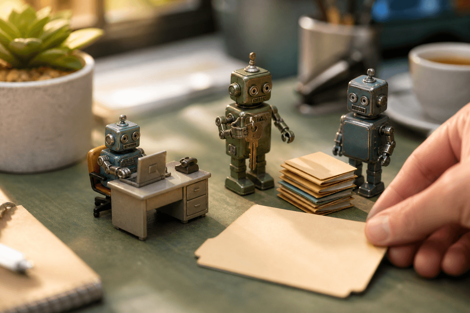 Three palm-sized tin robots at a miniature desk setup on a real office desk as a human hand slides them a folder