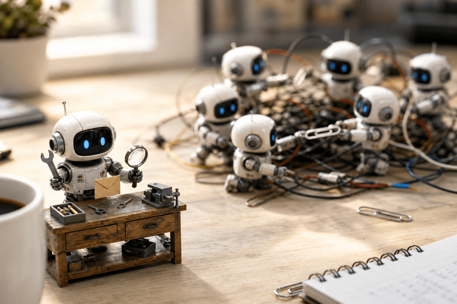 One tidy tiny robot with tools at a bench, with six tangled tiny robots fumbling wires in the blurred background.