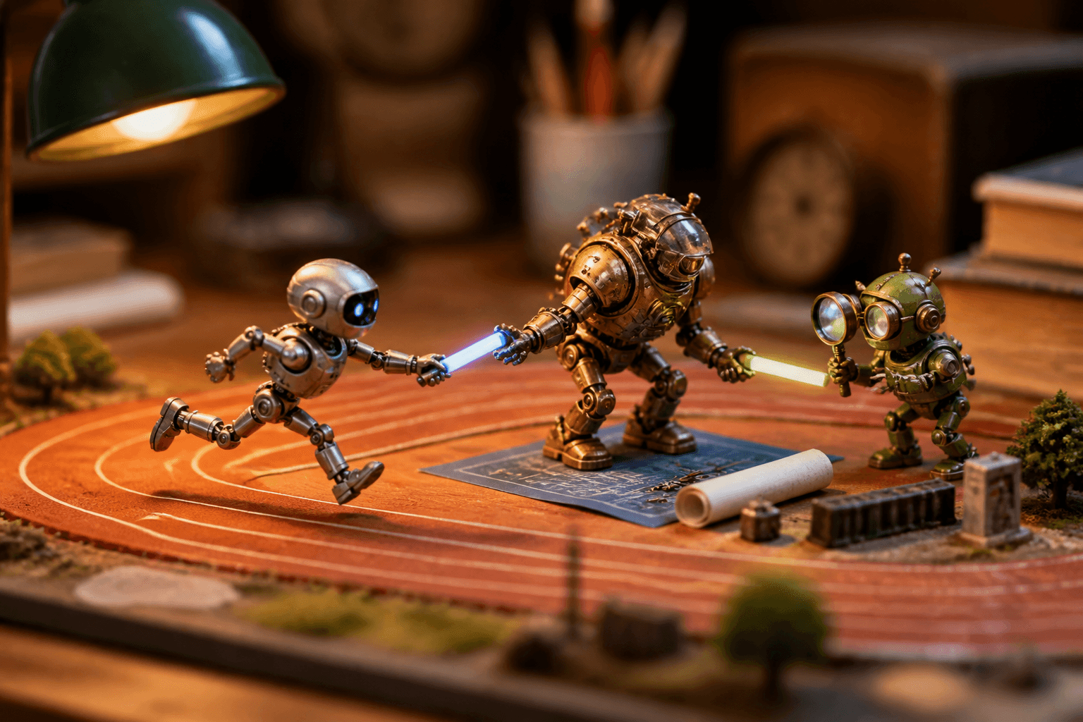 Three tiny robots run a relay race on a desk, passing a baton from a fast silver bot to a thoughtful brass bot to an ins