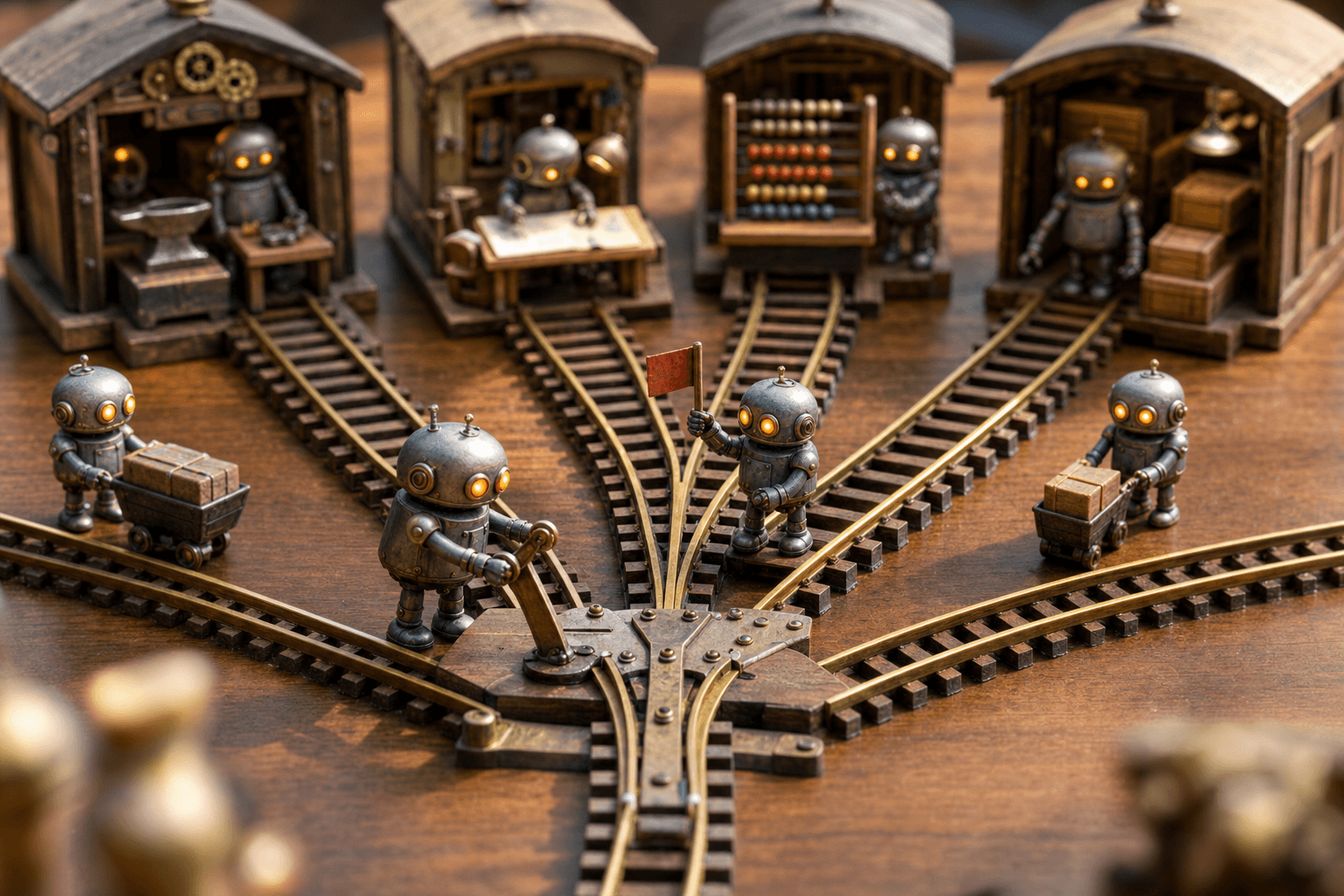 Tiny robots pulling levers at a miniature railway junction, sending parcels down four tracks to different workshops