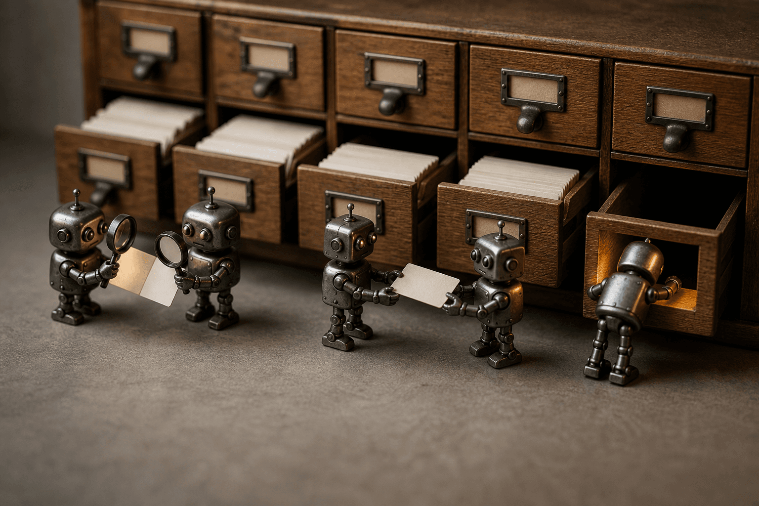 Tiny metal robots inspecting blank index cards at a miniature card catalog, one reaching into an empty drawer