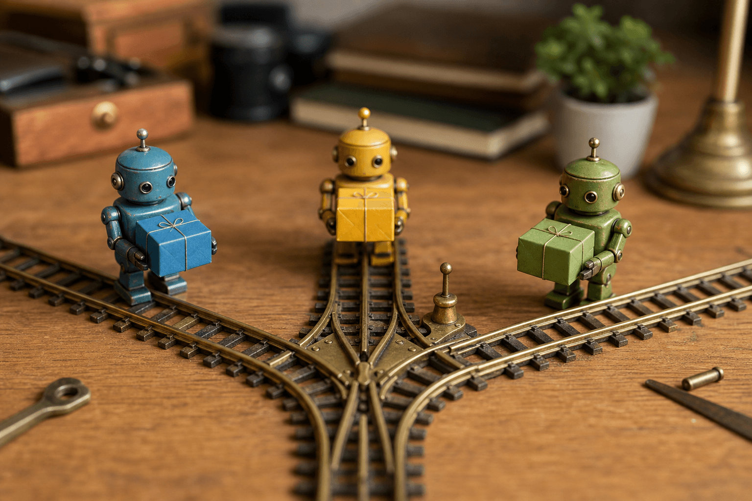 Three tiny robots on a desk routing colored parcels down different brass railway tracks at a junction.