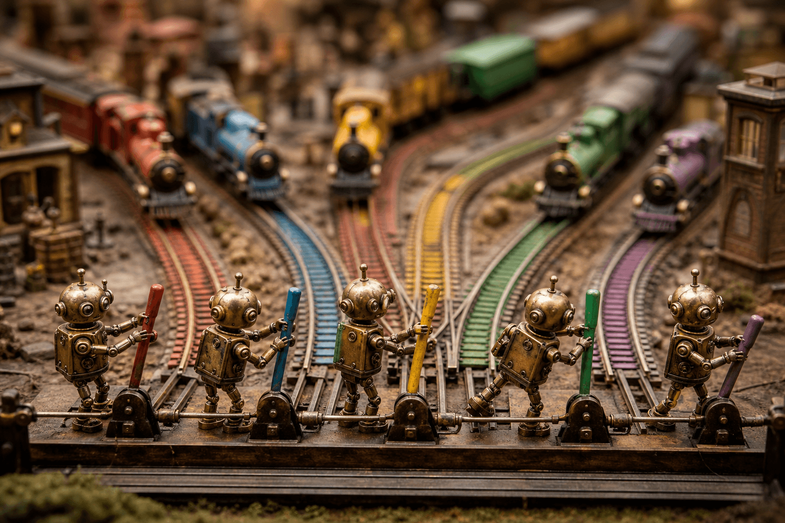 Tiny brass robots pulling levers at a railway switch, routing miniature trains onto different colored branching tracks.