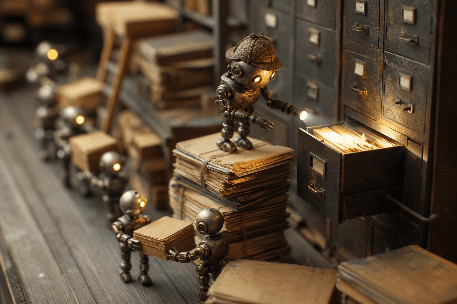 Tiny robots in a miniature archive; one shines a flashlight into a glowing filing cabinet drawer of old documents.