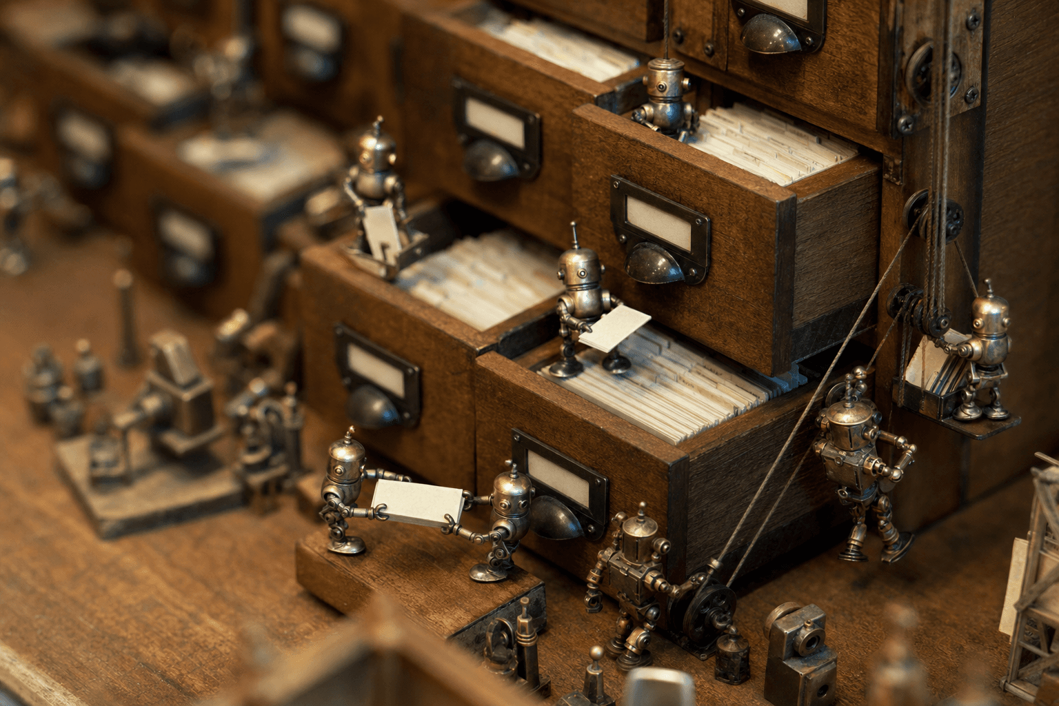 Tiny brass robots organizing index cards and folders inside a large wooden filing cabinet under warm light