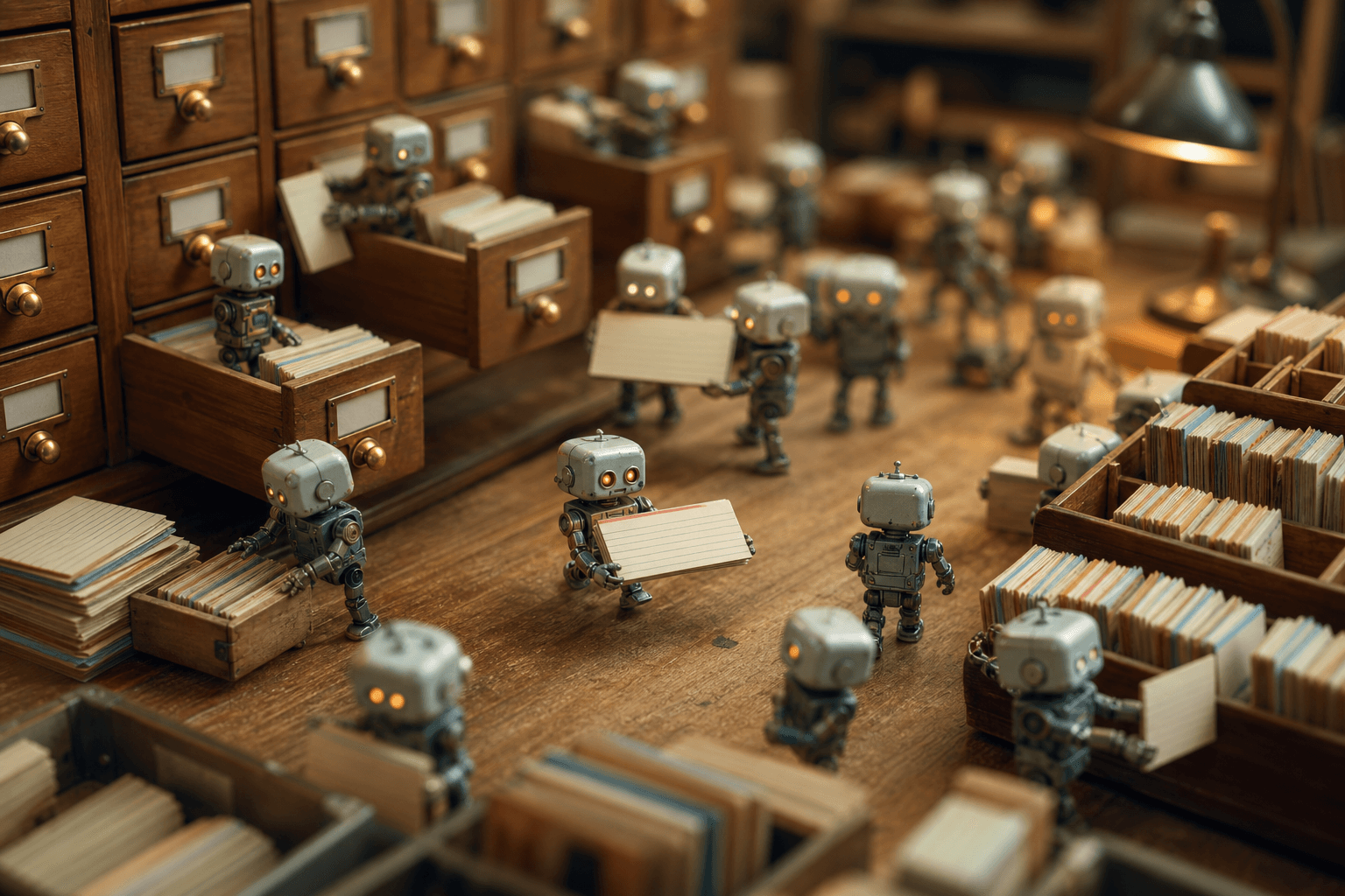 Tiny robots pulling and filing index cards in an oversized wooden card-catalog cabinet on a desk