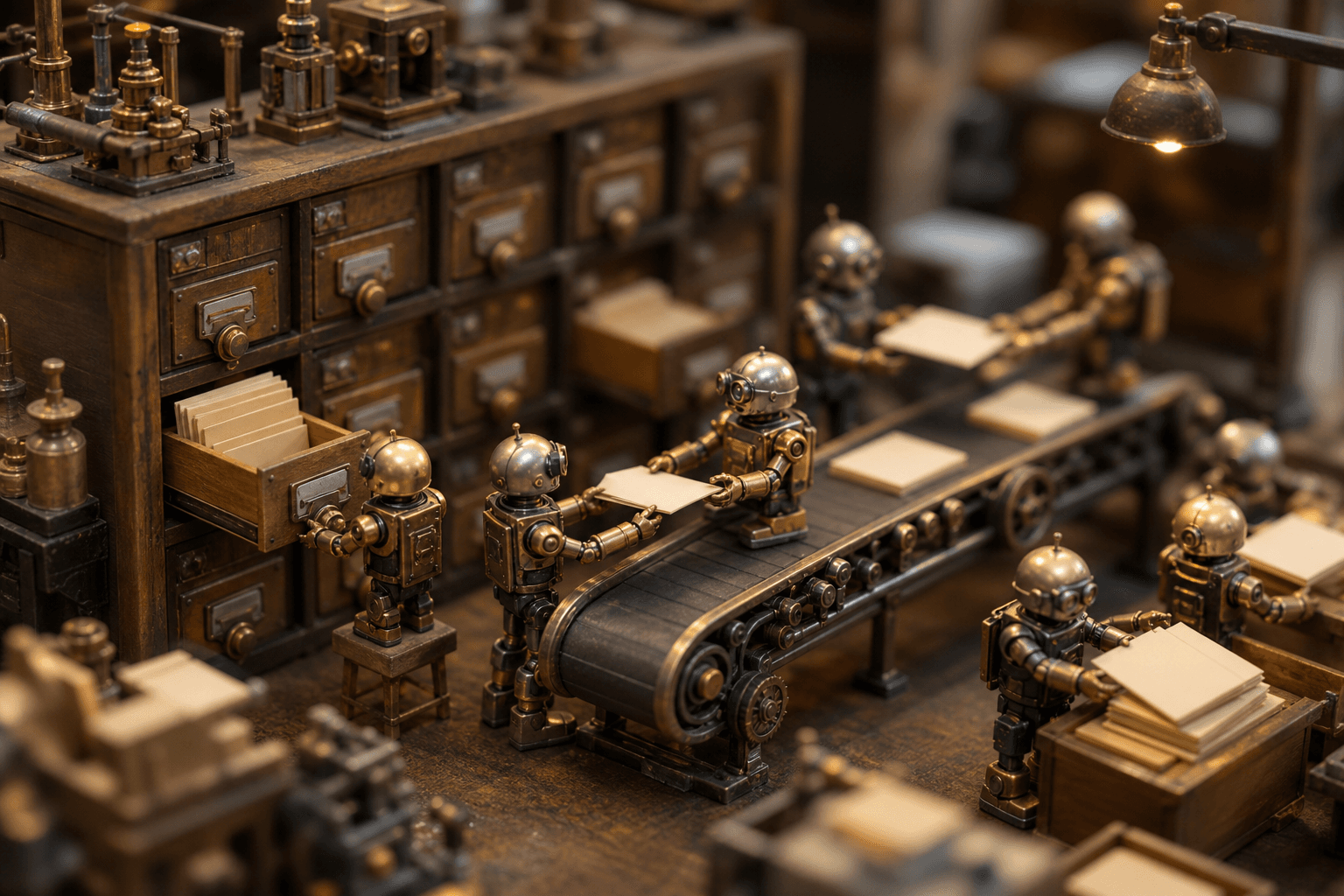 Tiny robots retrieving and sharing index cards from a miniature mechanical filing system in a warmly lit workshop dioram