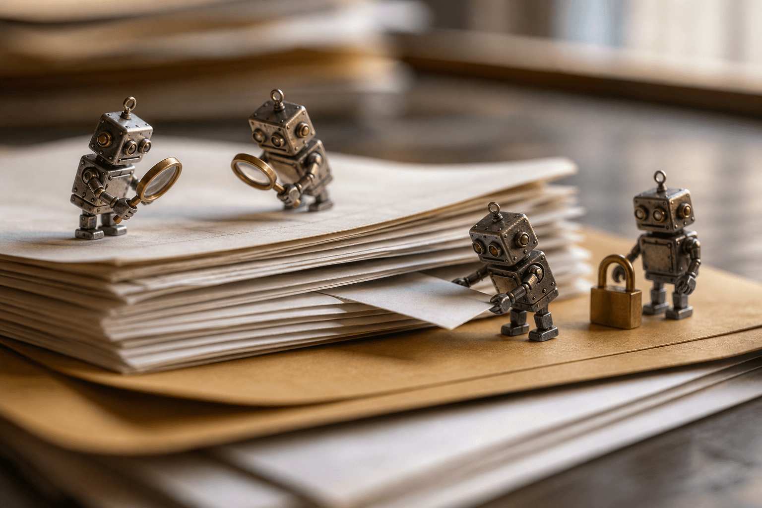 Tiny tin robots inspect blank paper documents while one slips a hidden folded slip between the pages