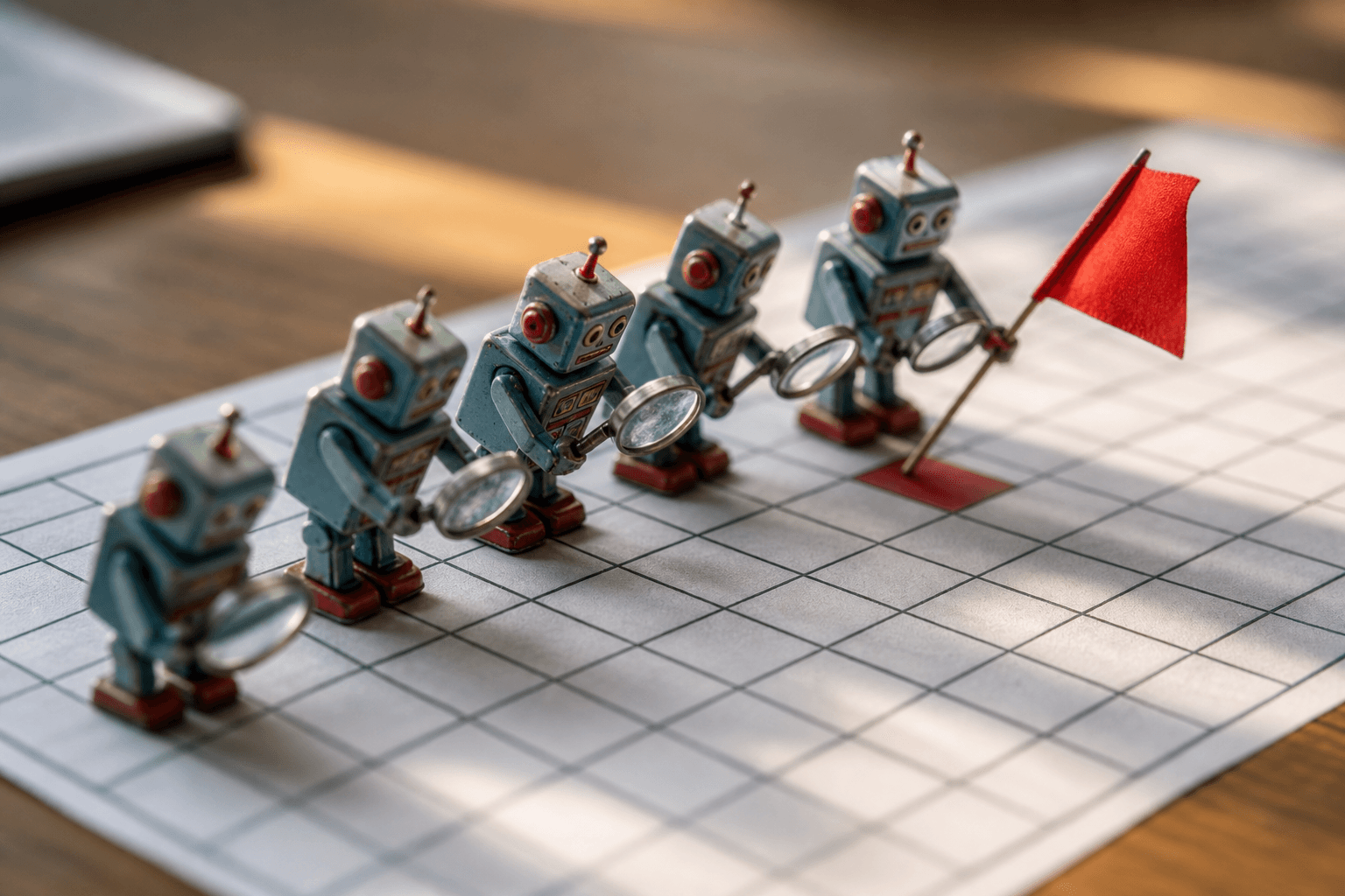 Tiny tin robots with magnifying glasses inspecting cells on a large physical spreadsheet grid, one raising a red flag.