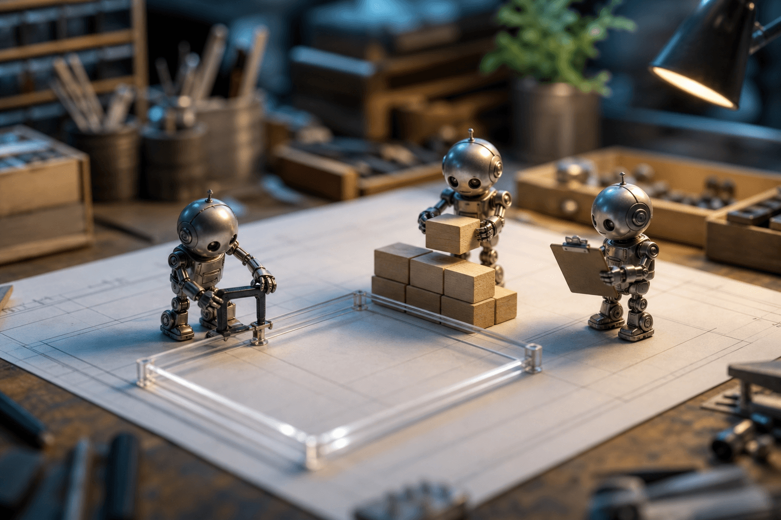 Tiny metal robots collaborating on a blank blueprint, setting frames, stacking blocks, and holding a blank checklist.