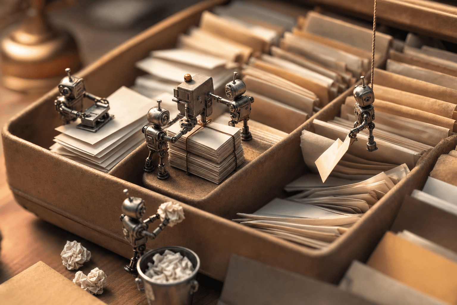 Tiny robots sorting, bundling, and discarding paper letters inside an oversized office inbox tray