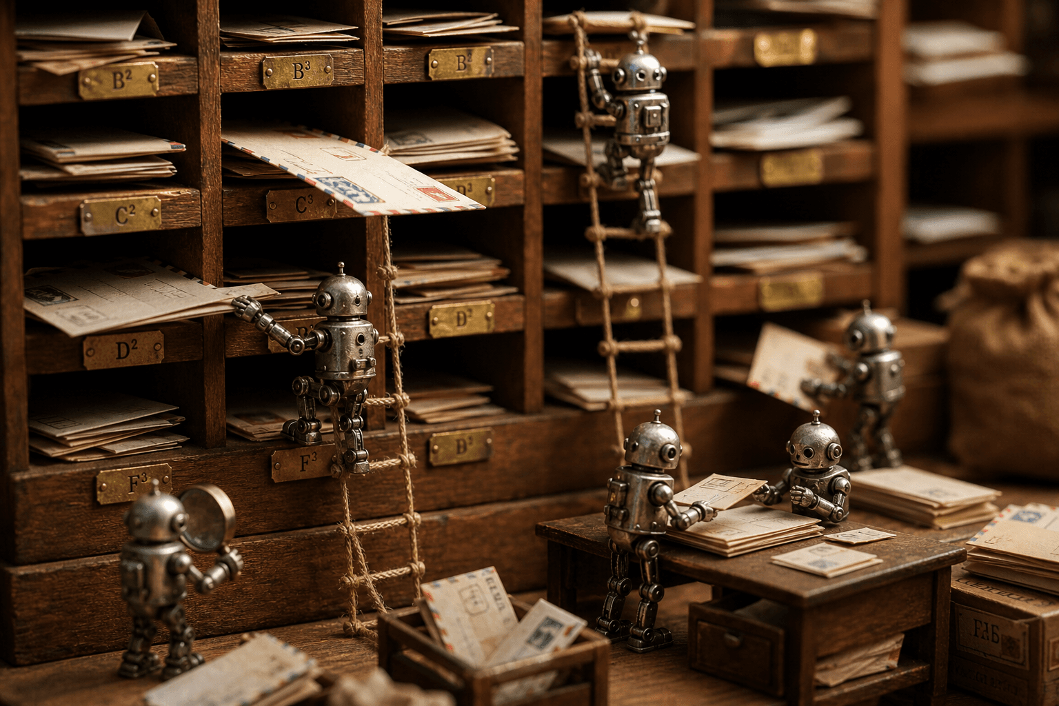 Tiny metal robots sorting folded paper letters in a wooden pigeonhole mail cabinet, one using a magnifying glass.